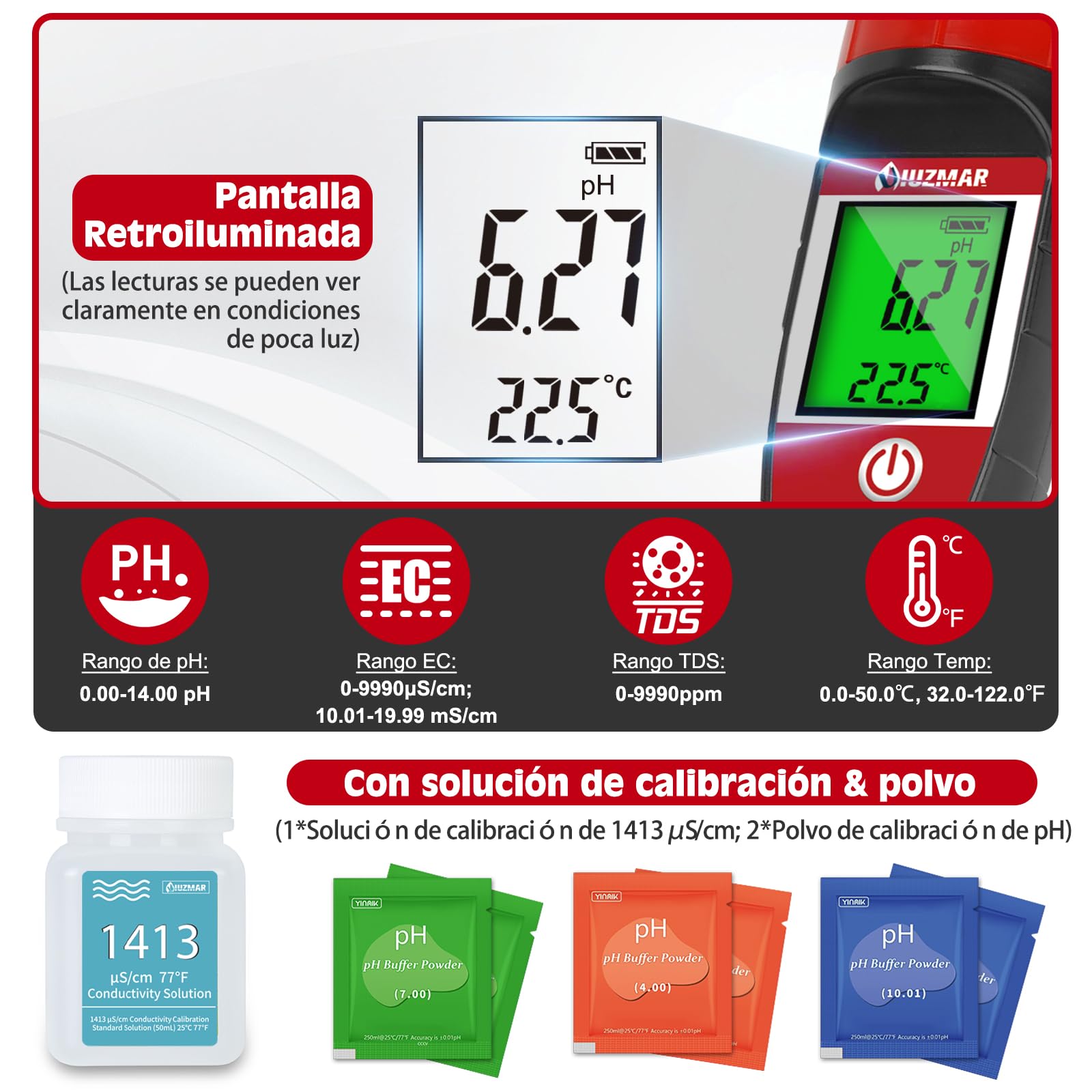Medidor de TDS y pH para Hidroponia, Medidor Digital de pH EC Agua, 4 en 1 Medidor de pH/EC/TDS/Temp, Medidor de pH y Conductividad con Solución de Calibración 1413 para Piscina, Spa, Acuarios