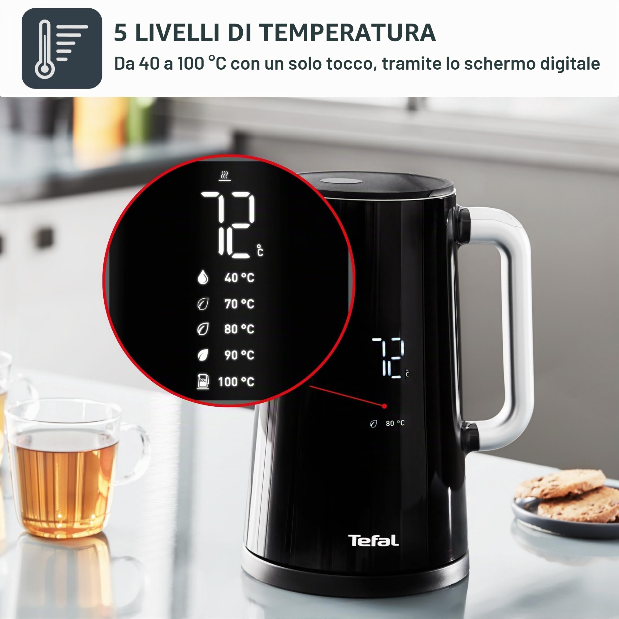 Tefal - KO8508 Smart N Light, Bollitore, 1,7 l, con display digitale, 5 impostazioni di temperatura, mantenimento calore, indicatore di temperatura reale, base girevole a 360°