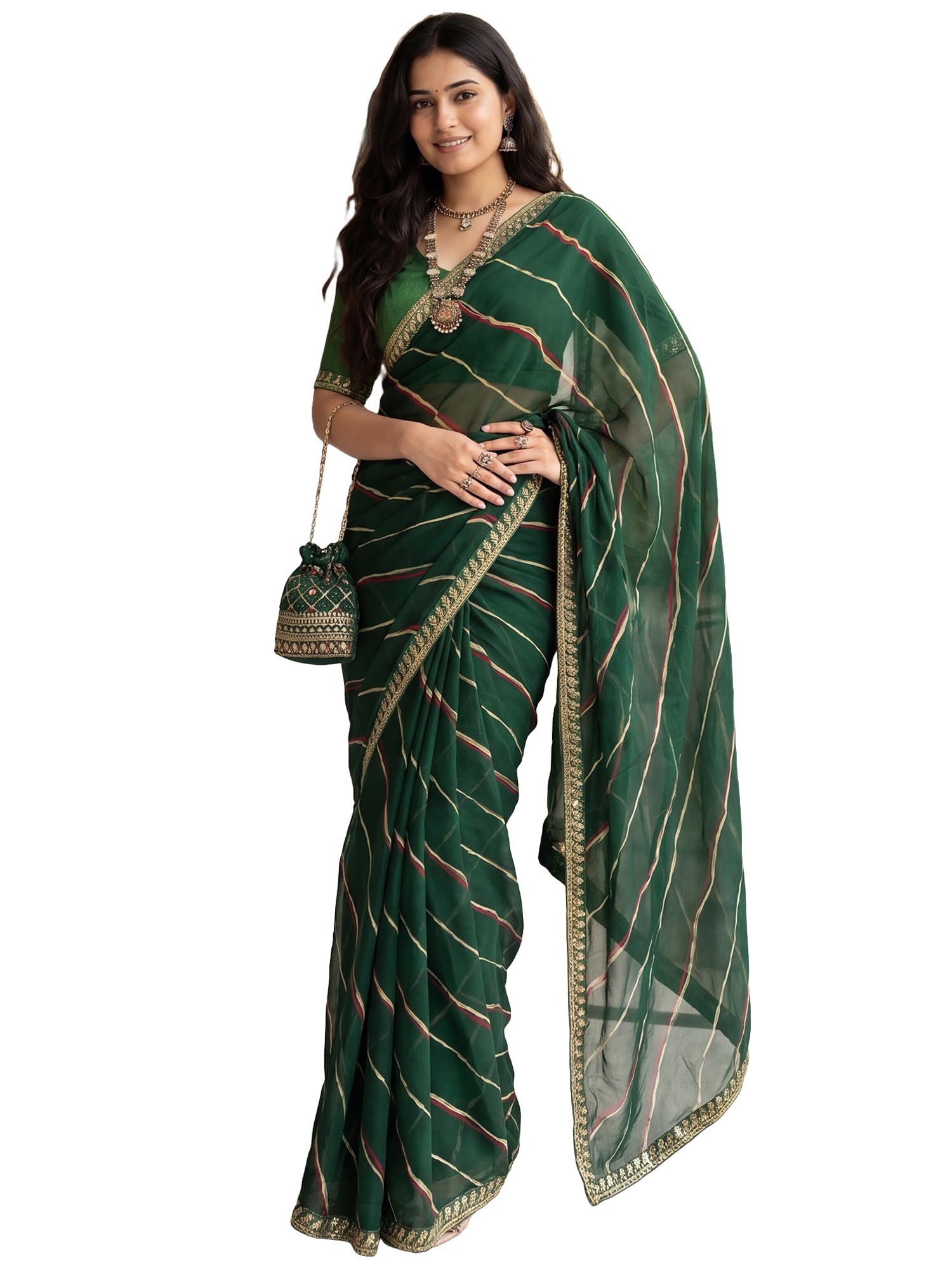 akhilam Women's Georgette Leheriya Print Sequins Embroidered Border Saree With Unstitched Blouse |Georgette Saree|Georgette Saree for Woman (KULFI2001_TR_Parent)-picture-36
