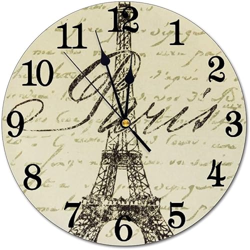 Reloj de pared vintage de la torre Eiffel con pilas, reloj redondo silencioso con temática de París, decoración de pared para el hogar, oficina,