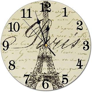Vintage Eiffel Tower Wall Clock Battery Operated Silent Round Clock Paris Theme Wall Decor for Home, Office, School 9.8 Inch