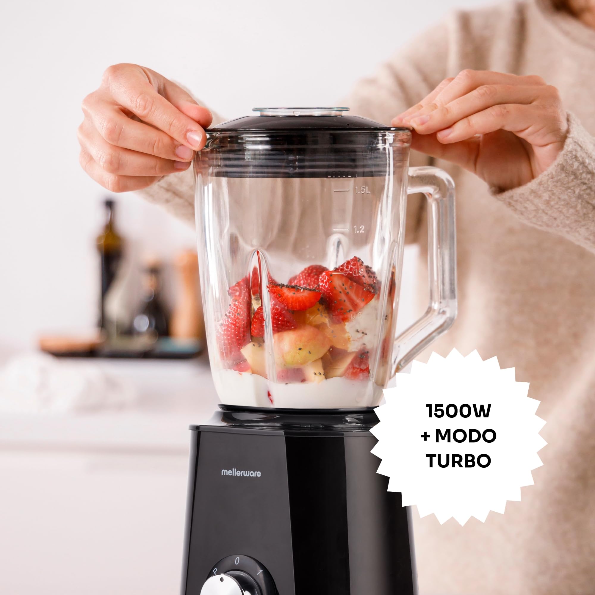 Mellerware - Batidora de vaso Mixy! 1500 W | Jarra de vidrio de 1.5L | 2 velocidades + TURBO | Procesador de alimentos profesional con cuchillas de 6 hojas | Rompehielos | Negro