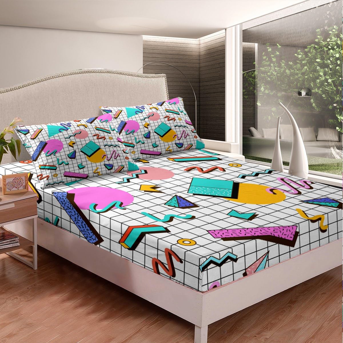 Memphis Fitted Sheet King Size, Retro 80s or 90s Geometric Fashion Style Bed Cover with 2 Pillowcases - Image 2
