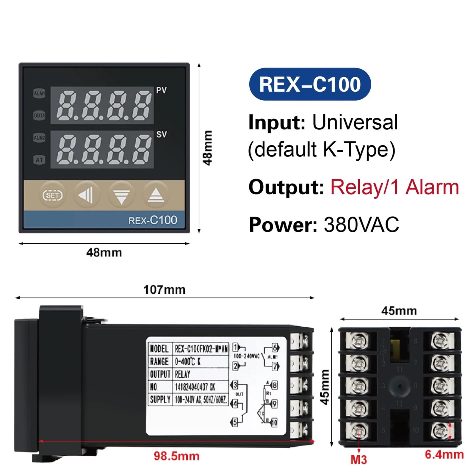 Controlador de temperatura PID digital REX-C100, salida de relé de estado sólido, instrumento de termostato industrial(WHITE)