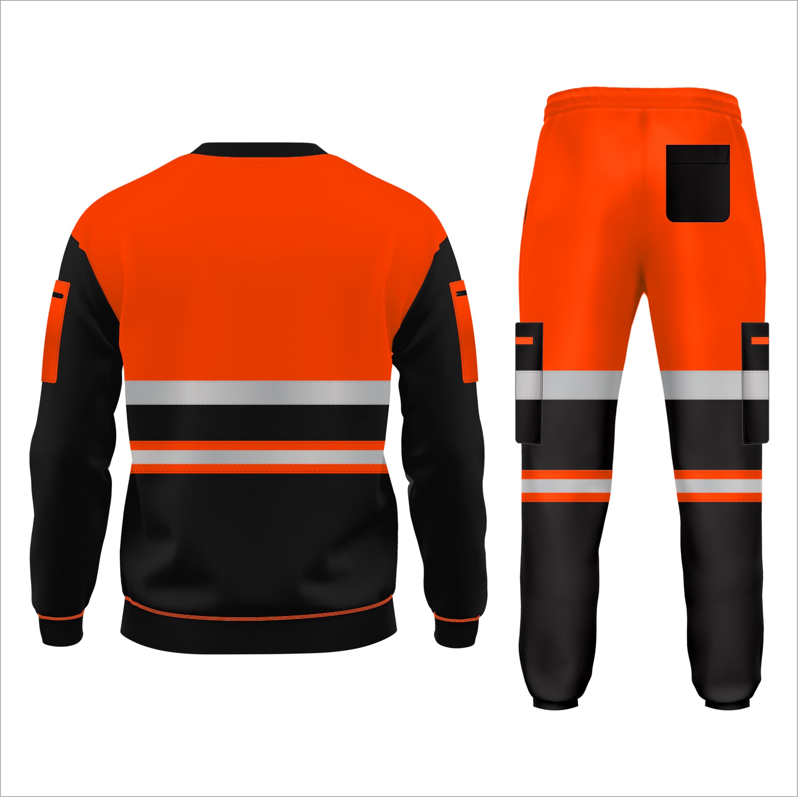 Set tuta da lavoro in pile ad alta visibilità, orlo aperto, pantaloni con risvolto, tasche con coulisse, felpa a maniche lunghe, set di pantaloni e top di sicurezza, Arancione e nero., XXL