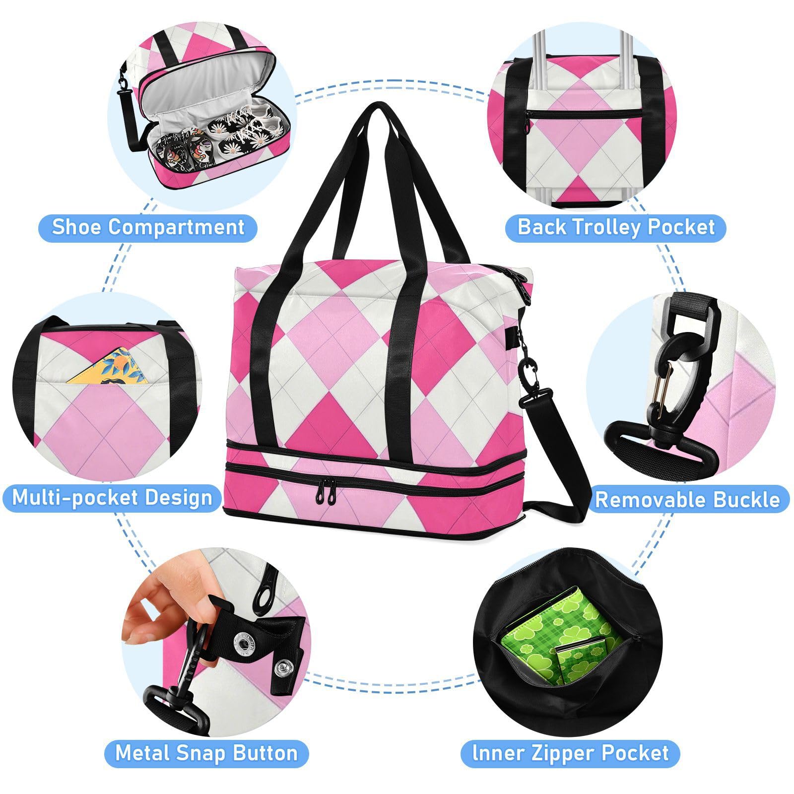 Bolsa de viaje a cuadros magenta con bolsillo húmedo y correa ajustable para viajes, juego de 2 piezas para hombres y mujeres