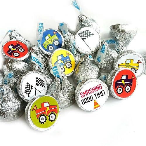 Monster Truck Labels for Hershey Kisses Chocolates by Adore By Nat - Birthday Party Candy Stickers - Set of 240