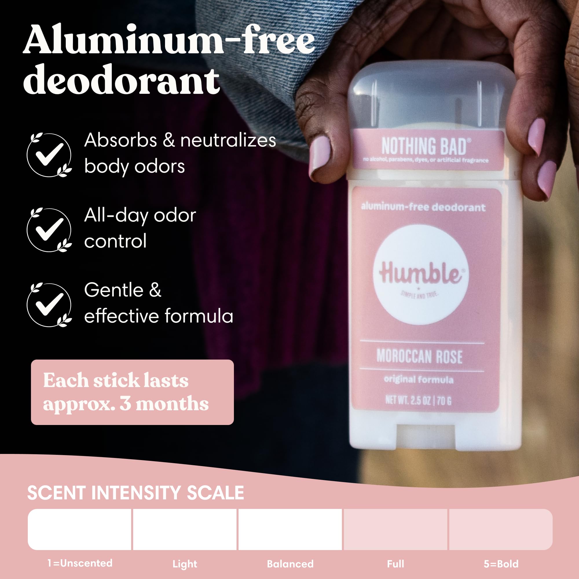 HUMBLE SIMPLE AND TRUE. Humble Brands - Desodorante original sin aluminio, control de olores de larga duración con bicarbonato de sodio y aceites esenciales, rosa marroquí, paquete de 1