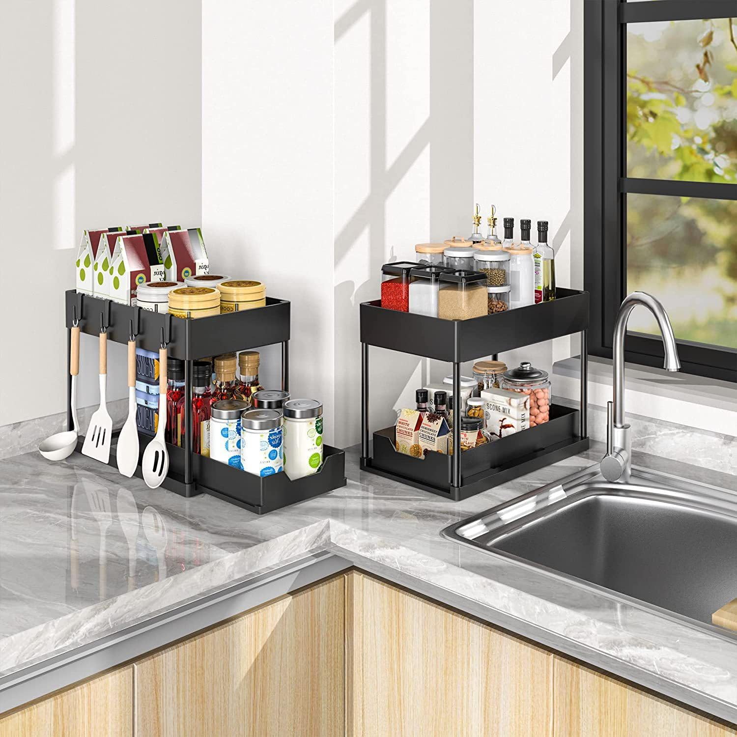 AIDUCHO Spülschrank Organizer, 2 Etagen Küchen Organizer Spülschrank Küchenregal Herausziehbarer Schrank mit Schiebeschubladen, Lagerregal Organizer mit 4 Haken & 1 Hängebecher Küche, Haushalt & Wohnen