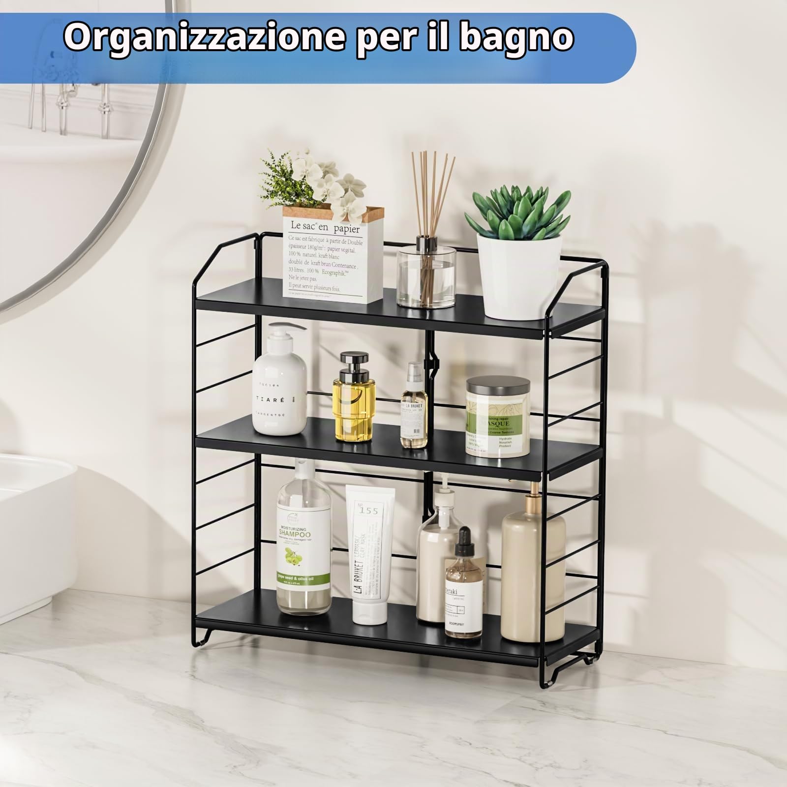 Porta Spezie a 3 Ripianii, Porta Spezie Per Cucina, Nero | Scaffale da Cucina a 3 Ripiani, Design regolabile in altezza, Metallo di alta qualità, per Cucina, Sala da Pranzo, Ufficio