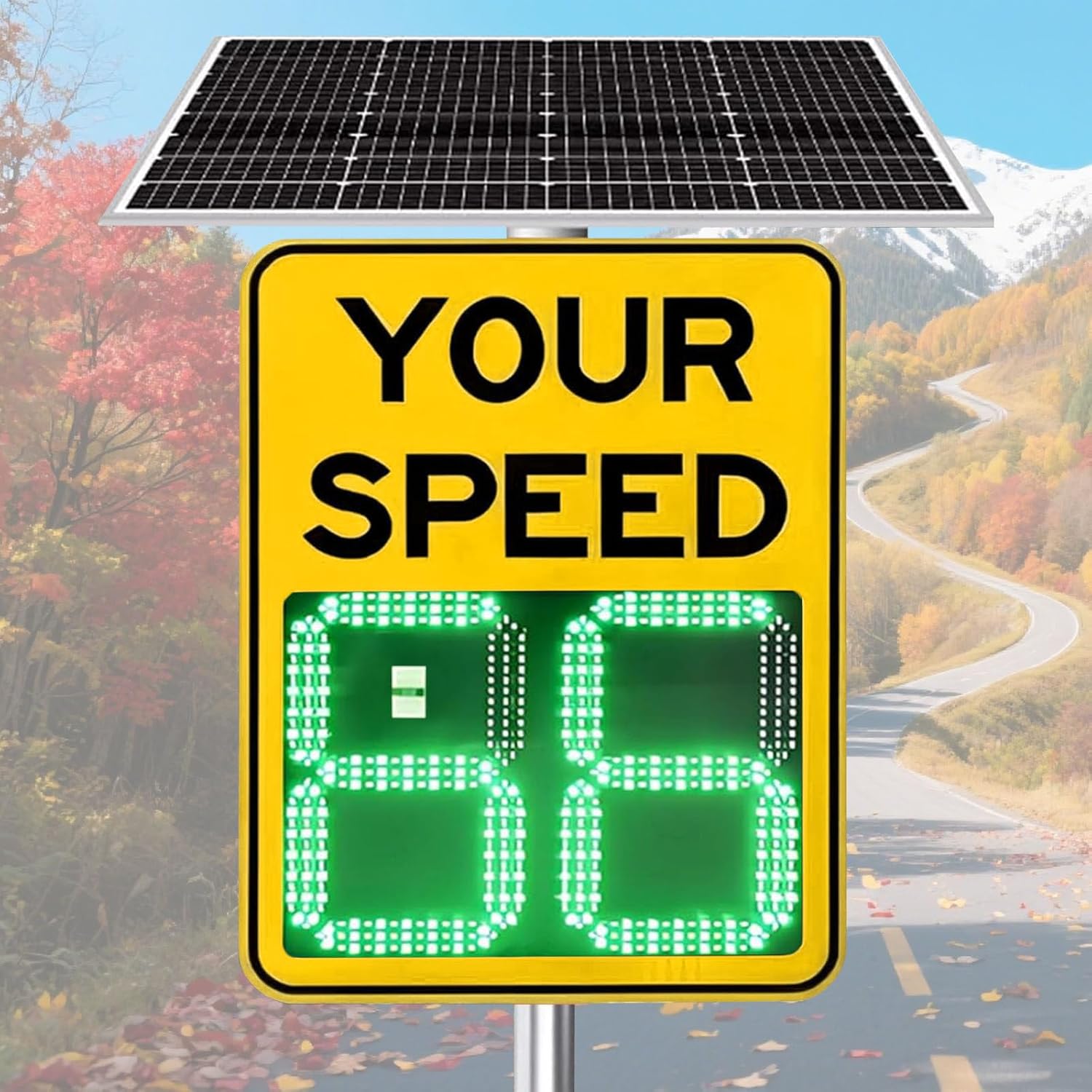 Solar-Powered Speed Radar Sign with Remote Control - 50x70cm Yellow Traffic Safety Display for Road Management & Speed Monitoring