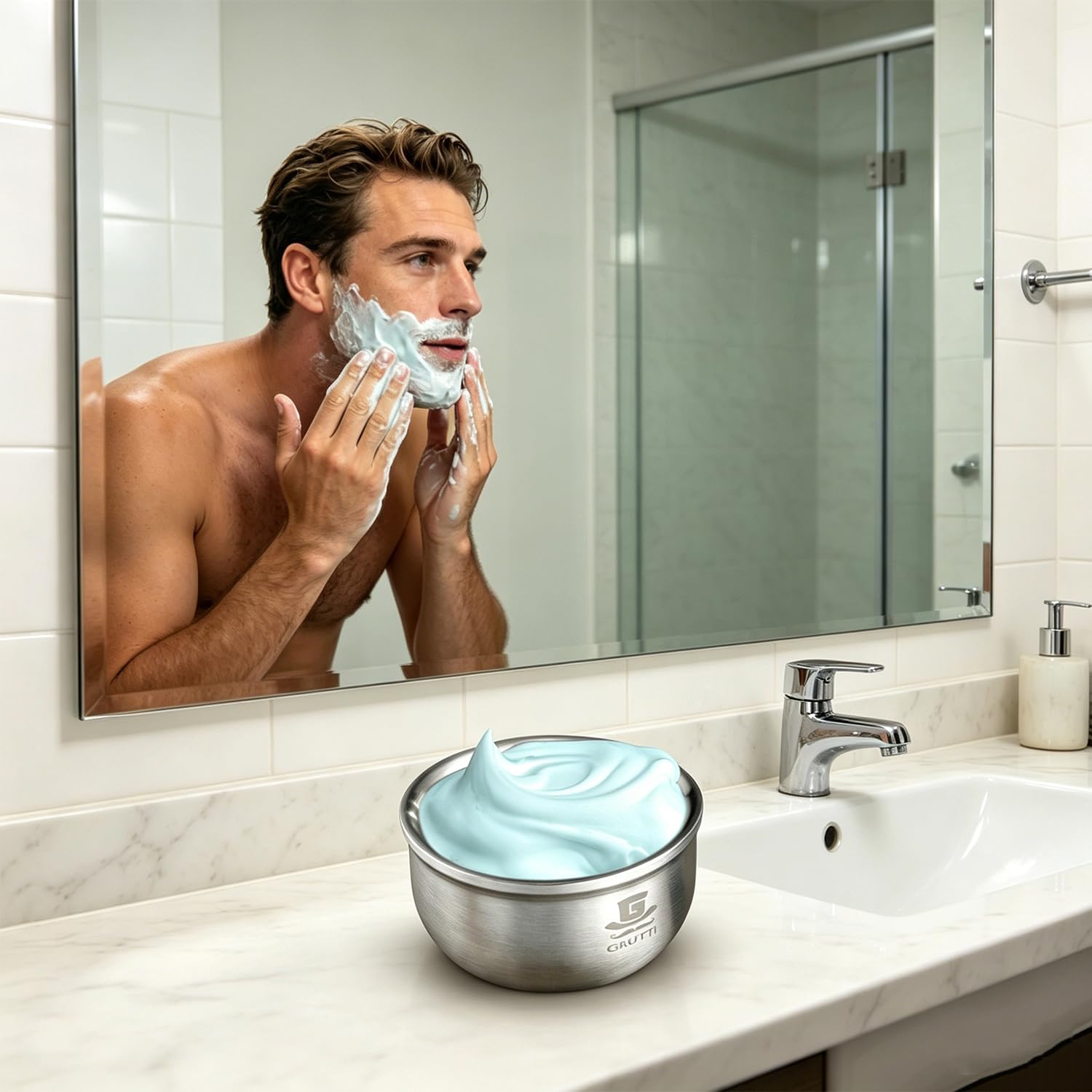 GRUTTI Ciotola da barba in acciaio inox per uomini durevole Shaving Bowl con ampia apertura resistente al calore e sicuro per sapone da barba e cura della (10.5cm)