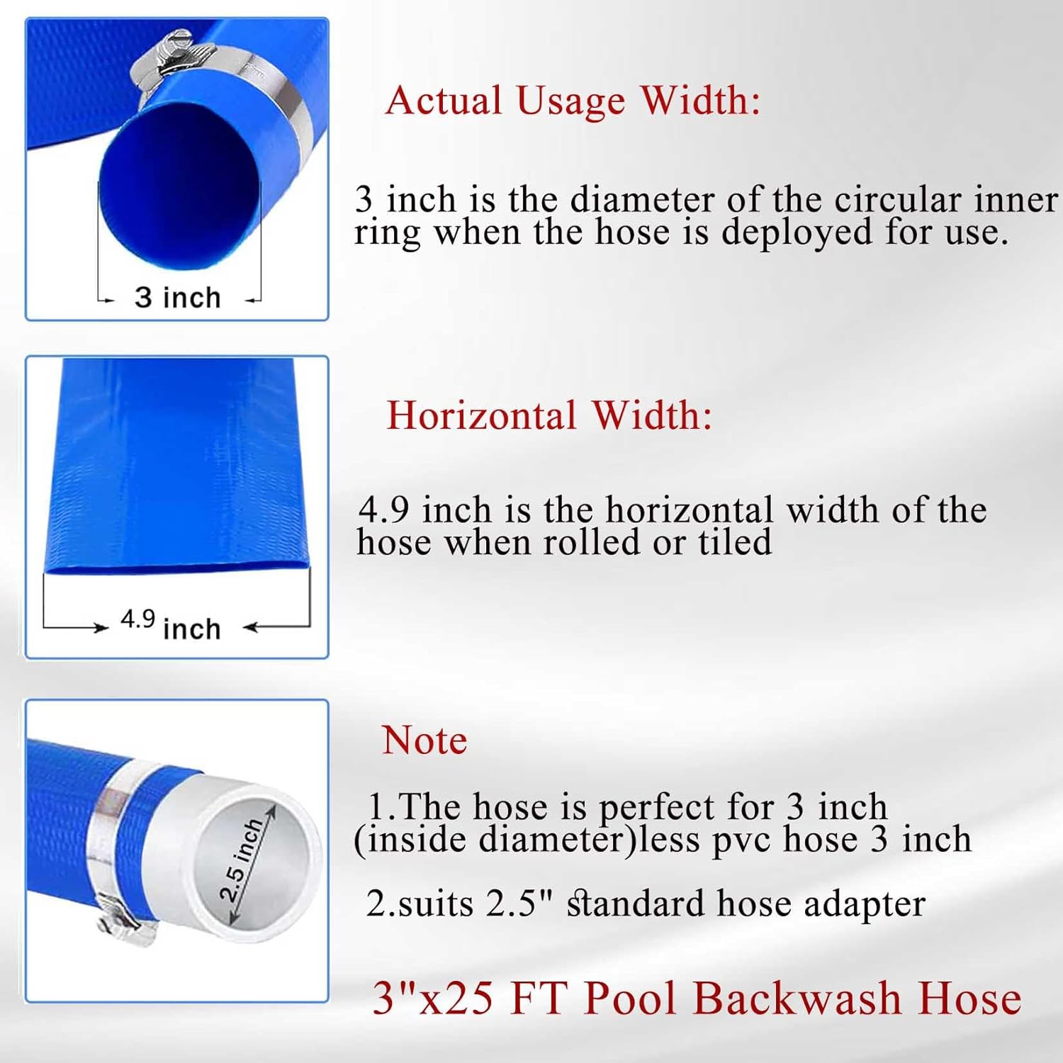 findmall 3 x 25 FT Heavy Duty Pool Backwash Hose, Reinforced PVC Lay Flat Discharge Hose, Weather-Proof for Water Transfer Swimming Drain Pools with 2 Hose Clamps