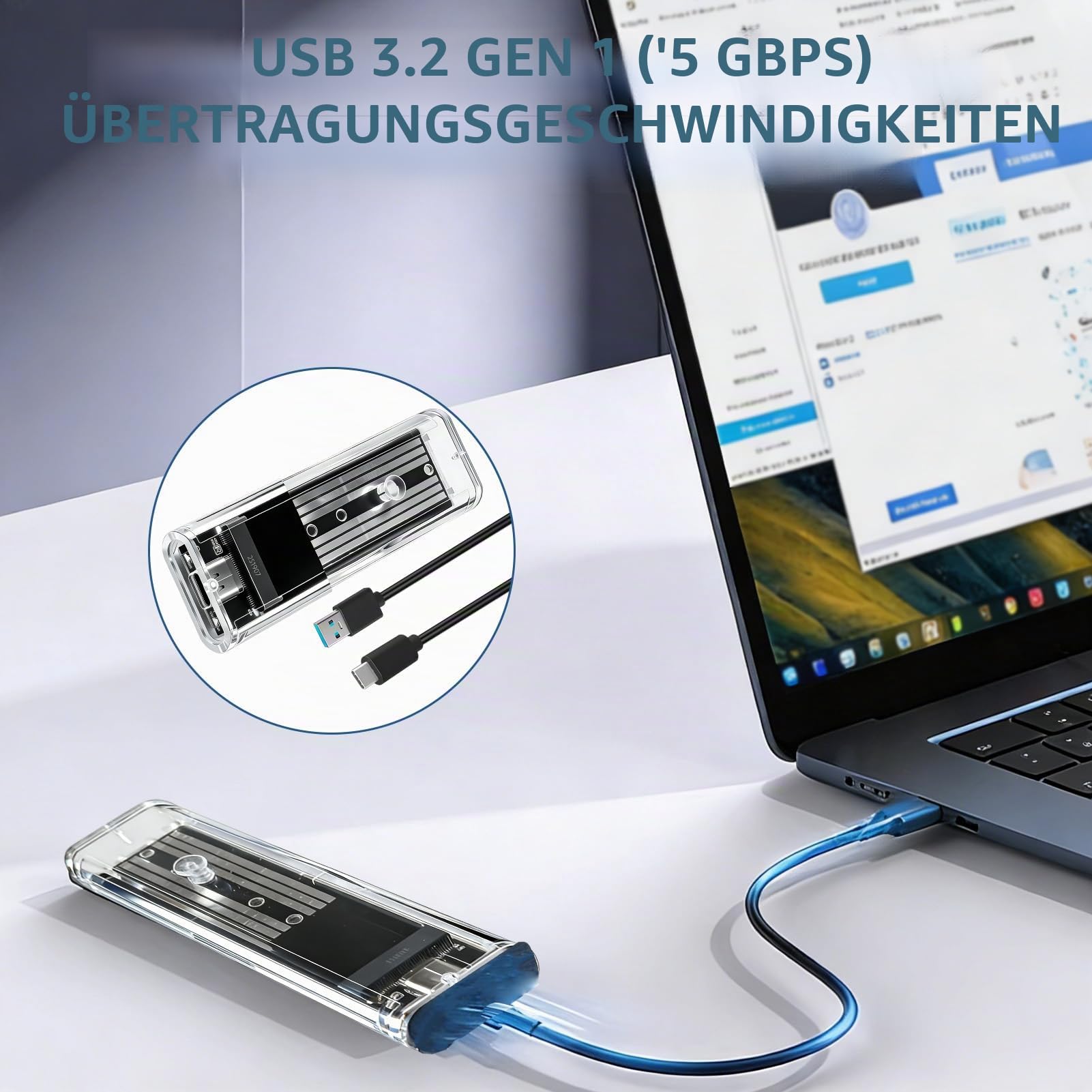 M.2 SSD Gehäuse SATA NGFF USB C, Nicht kompatibel mit NVME oder PCIe M-Key-SSDs, M.2 SATA Adapter für B / B+M 2230 2242 2260 2280, Gehäuse USB 3.1 Gen1 5 Gbit/s für M.2 SSD NGFF Festplatte