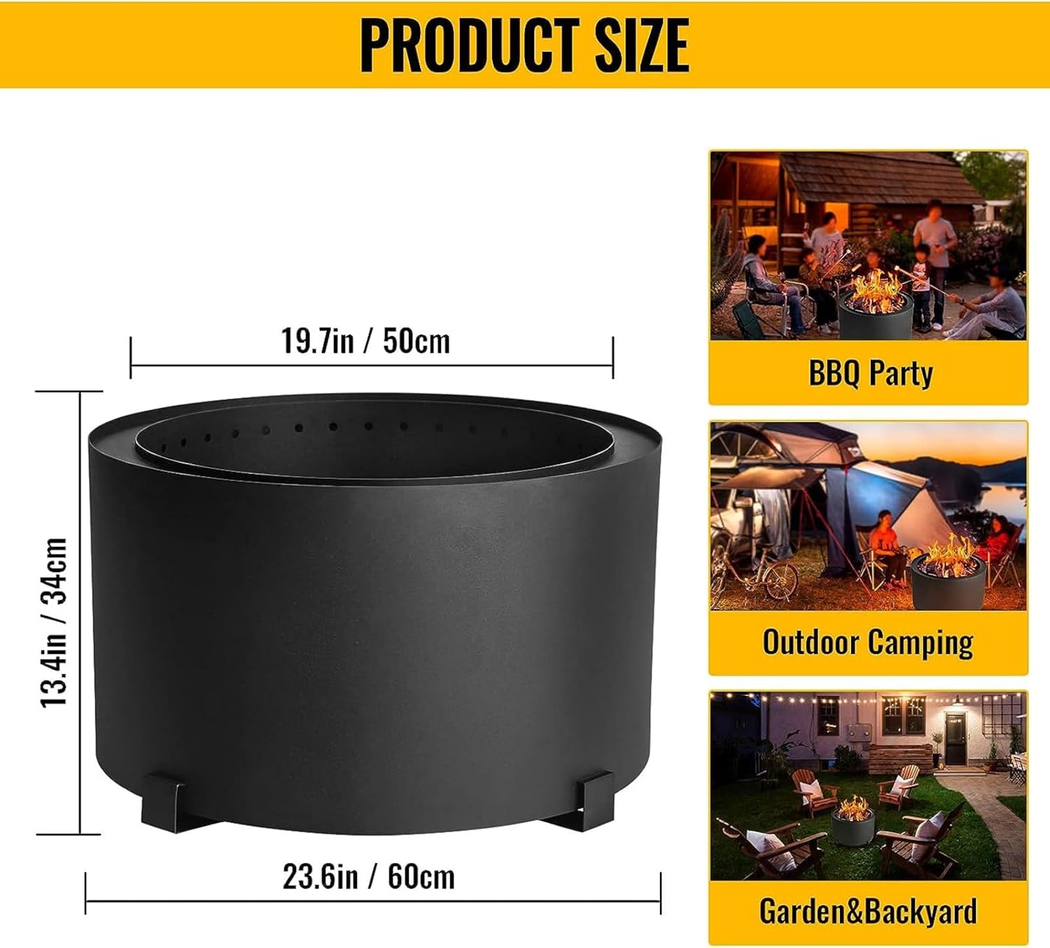 Smokeless Fire Pit, Carbon Steel Stove Bonfire, Large Diameter Wood Burning Fire Pits, Outdoor Stove Bonfire Fire Pit, Portable Smokeless Fire Bowl for Picnic Camping Backyard,23.6 "