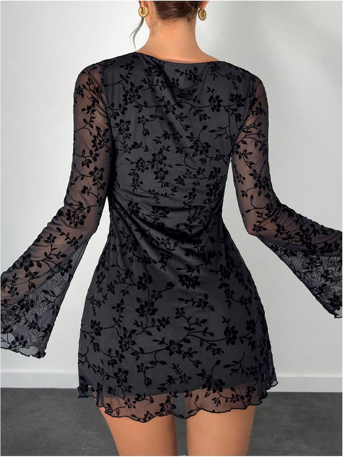 SOLY HUX Women's Floral Sexy Mesh Mini Dress Bell Long Sleeve Bodycon Going Out Dresses - Image 2