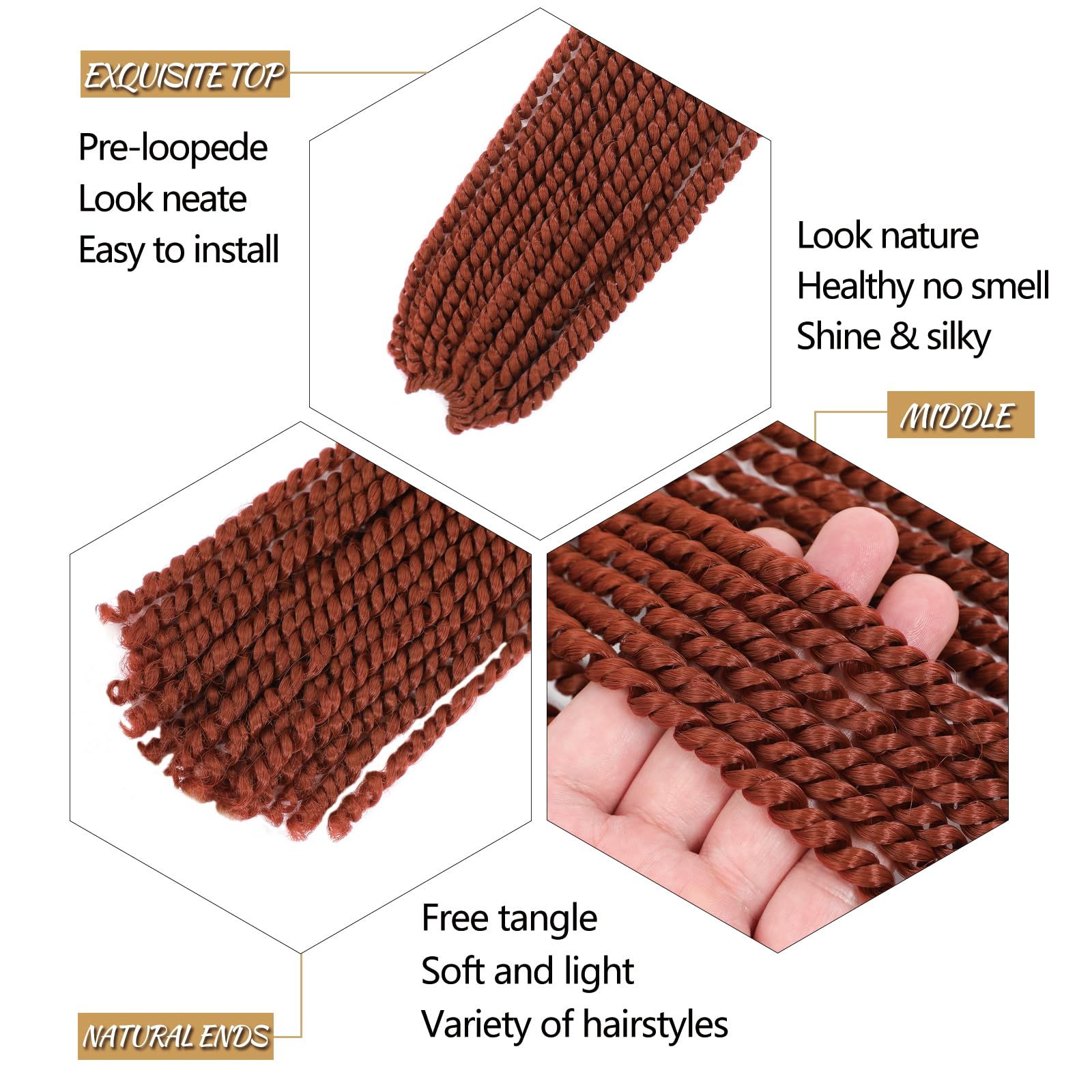FLWAI Micro Twist Crochet Hair - 10 Inch, 3 Packs, Copper Red Mini Havana Twist, Synthetic Crochet Hair Extensions (350#) - Image 3