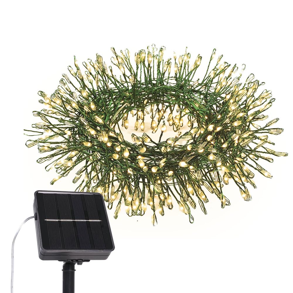 Pcores Warm White Led Solar String Light，6M 200Leds Solar Firecracker Light, 8 Mode Led Waterproof Cluster Lights Green Copper Wire Firecrackers Fairy String Light For Walkway Yard Pathway Lawn Patio(Warm White)