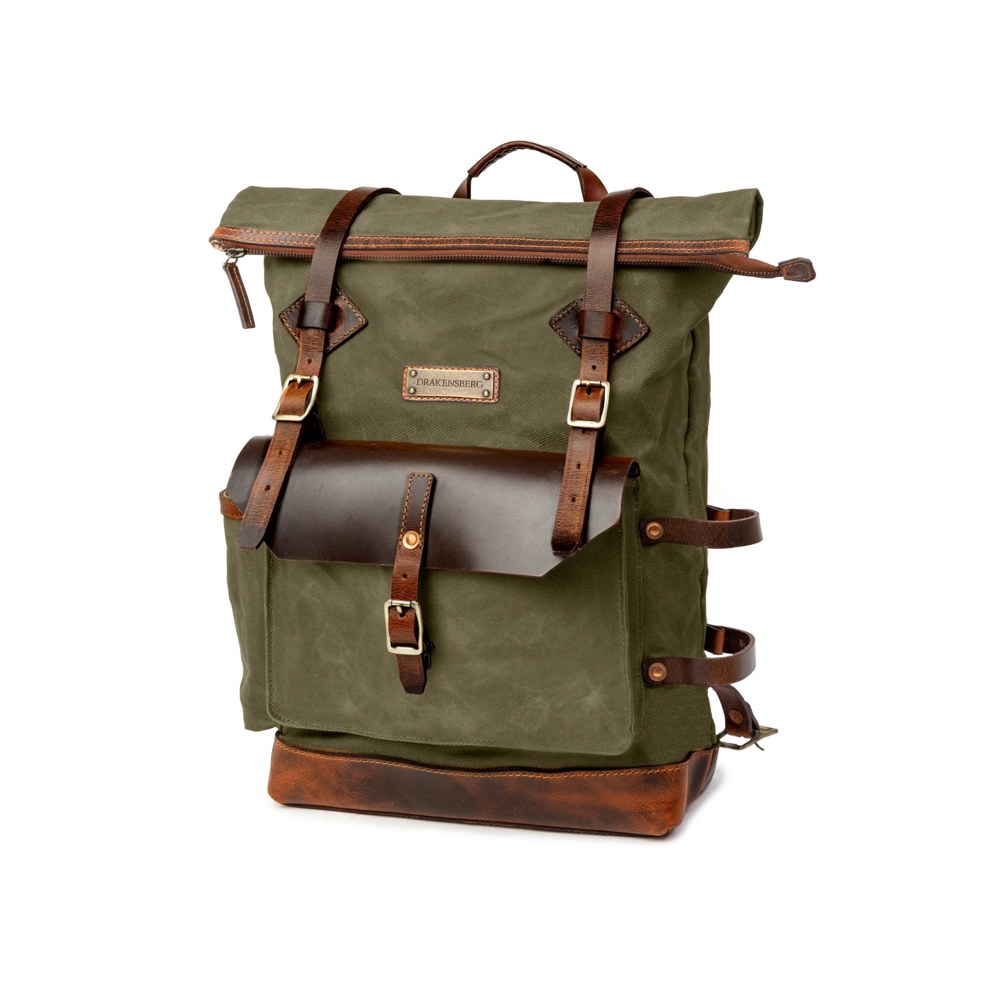 DRAKENSBERG Rolltop Rucksack 'Adam' aus gewachstem Canvas mit Leder, wasserabweisend - handwerkliche Perfektion, bis 30L - Wald-Grün, DR00627