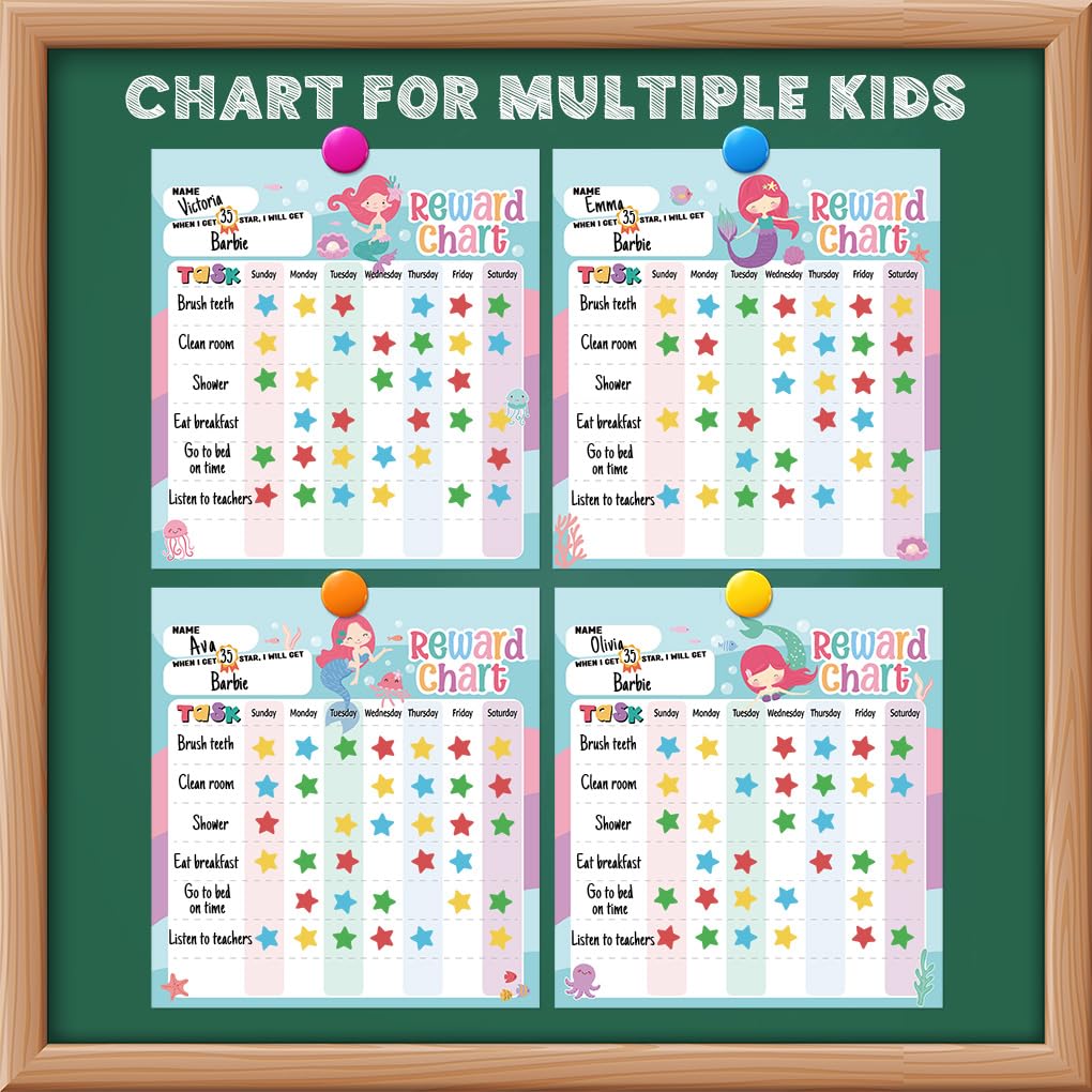 Tabla de recompensas para niños – Tabla magnética de comportamiento infantil de sirena, bloc con 26 tablas de tareas, calcomanías de estrellas de 1920, 36 calcomanías de incentivo, tabla de