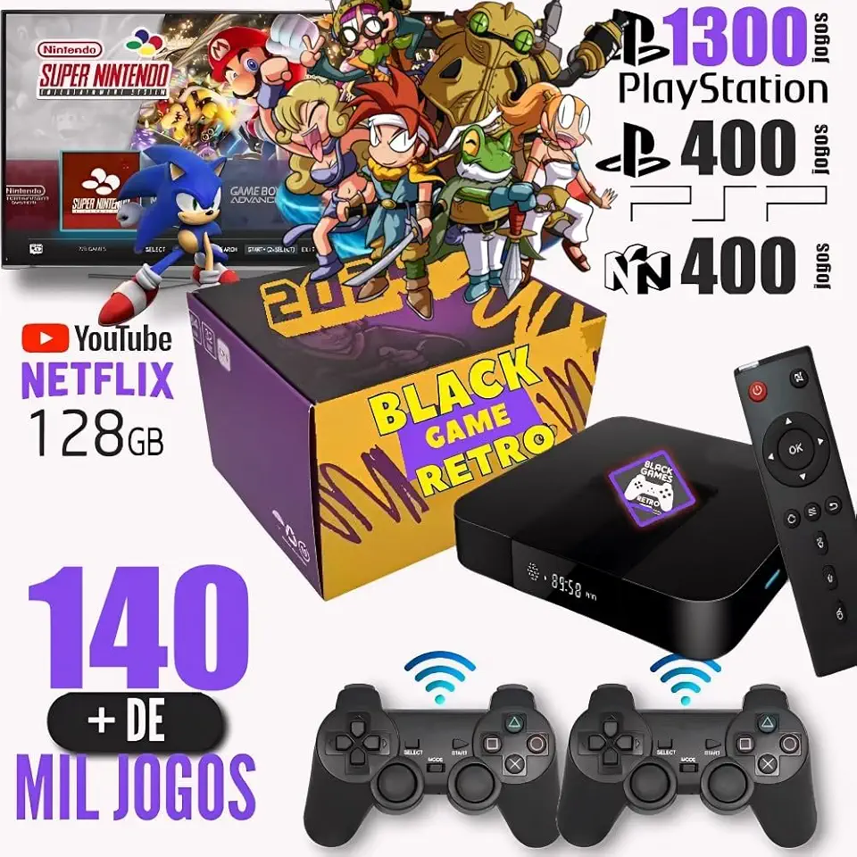 Vídeo Game Box Retro 140.000 mil Jogos 128gb 2 Controles Sem Fio Premiun (COM FIO)