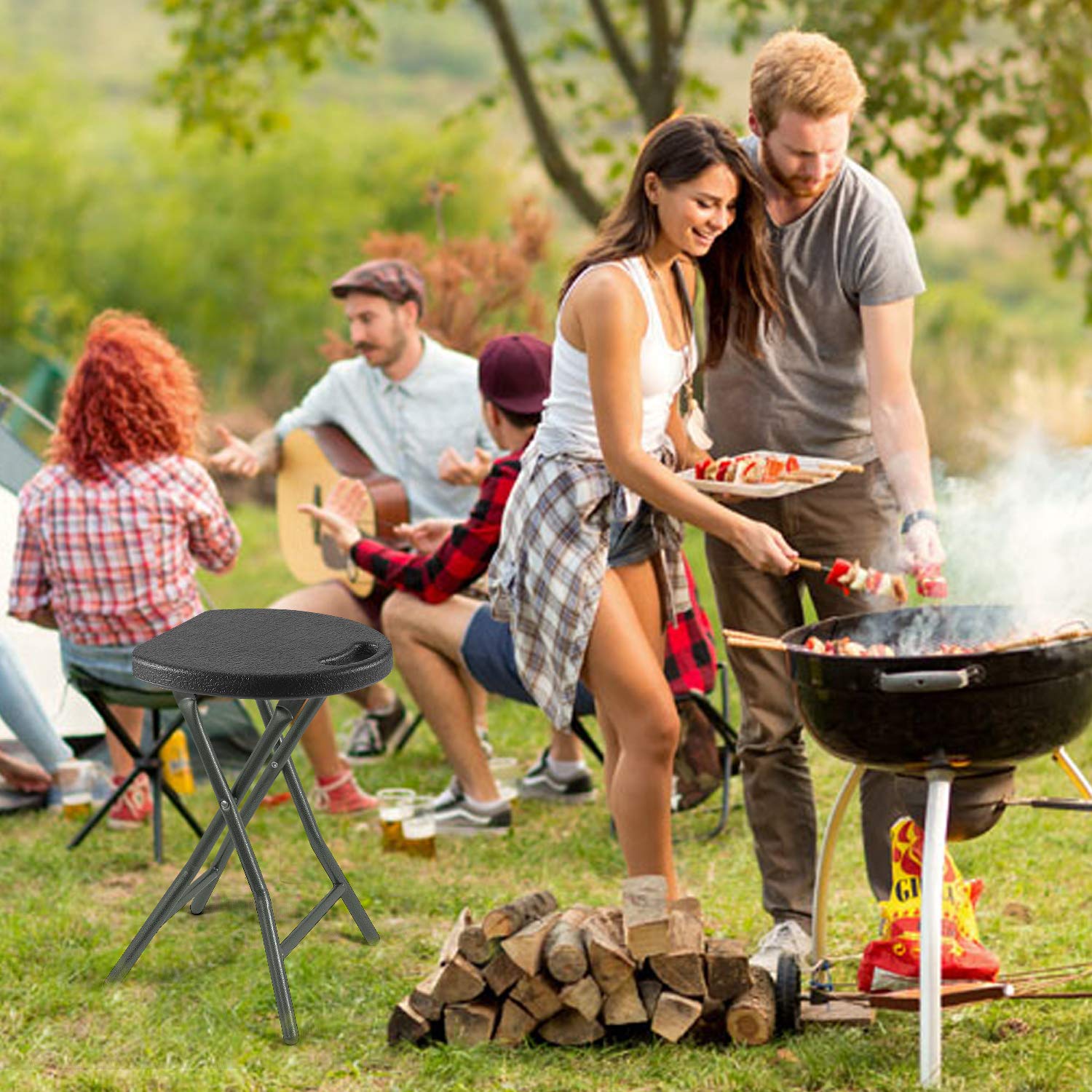 Rfiver 2 Taburetes Plegables Portátil de Metal y Plástico, Taburetes Multiusos Multifuncional Alto para Bar Cocina Barbacoa Jardín Terraza | Negro, 2 Unidades, 30x30x46cm, Carga Máxima: 136KG