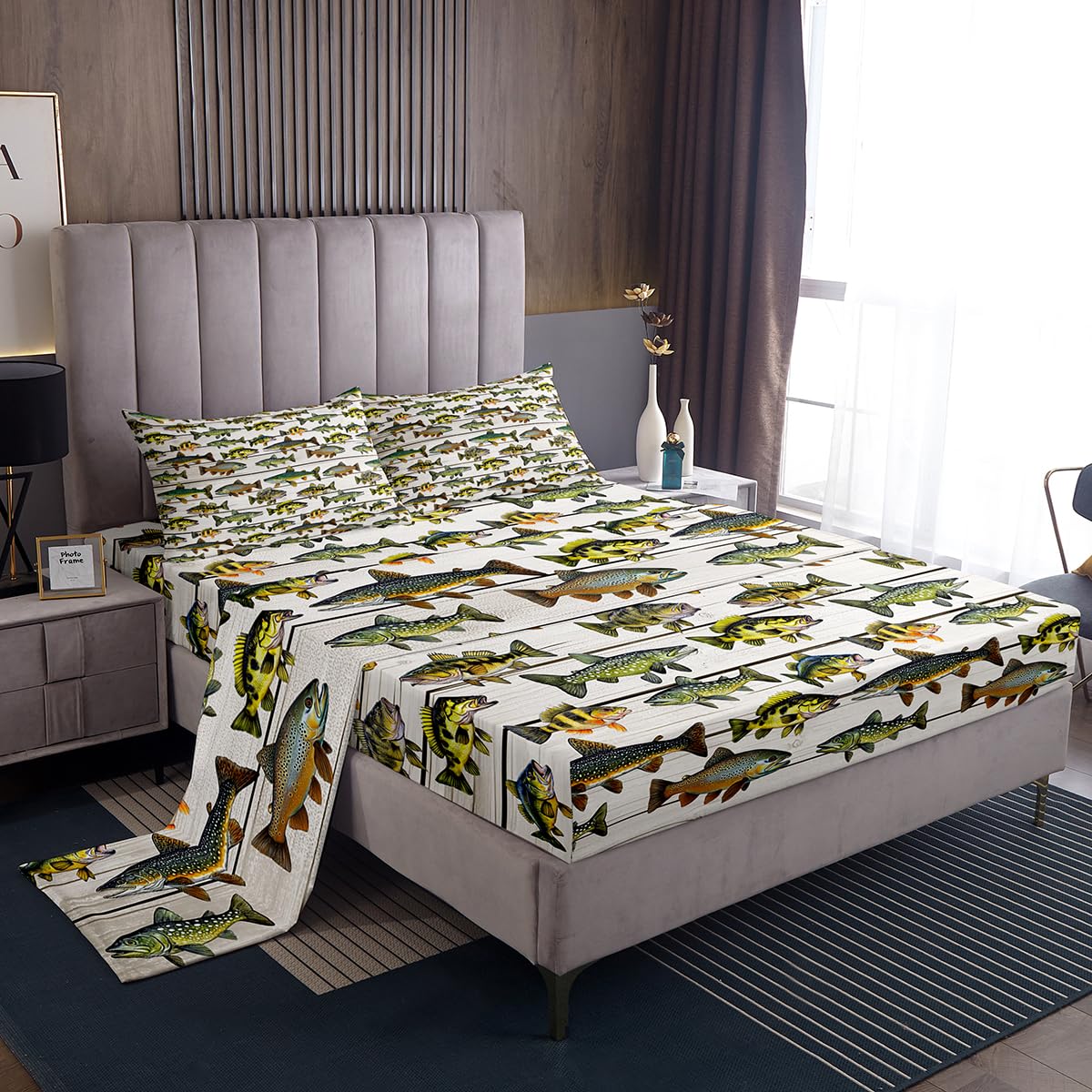 Homewish Juego de ropa de cama doble de caza y pesca, para niños, niñas y hombres, juego de sábanas rústicas de tablones de madera blanca, sábanas bajeras vintage de granja, 4 piezas