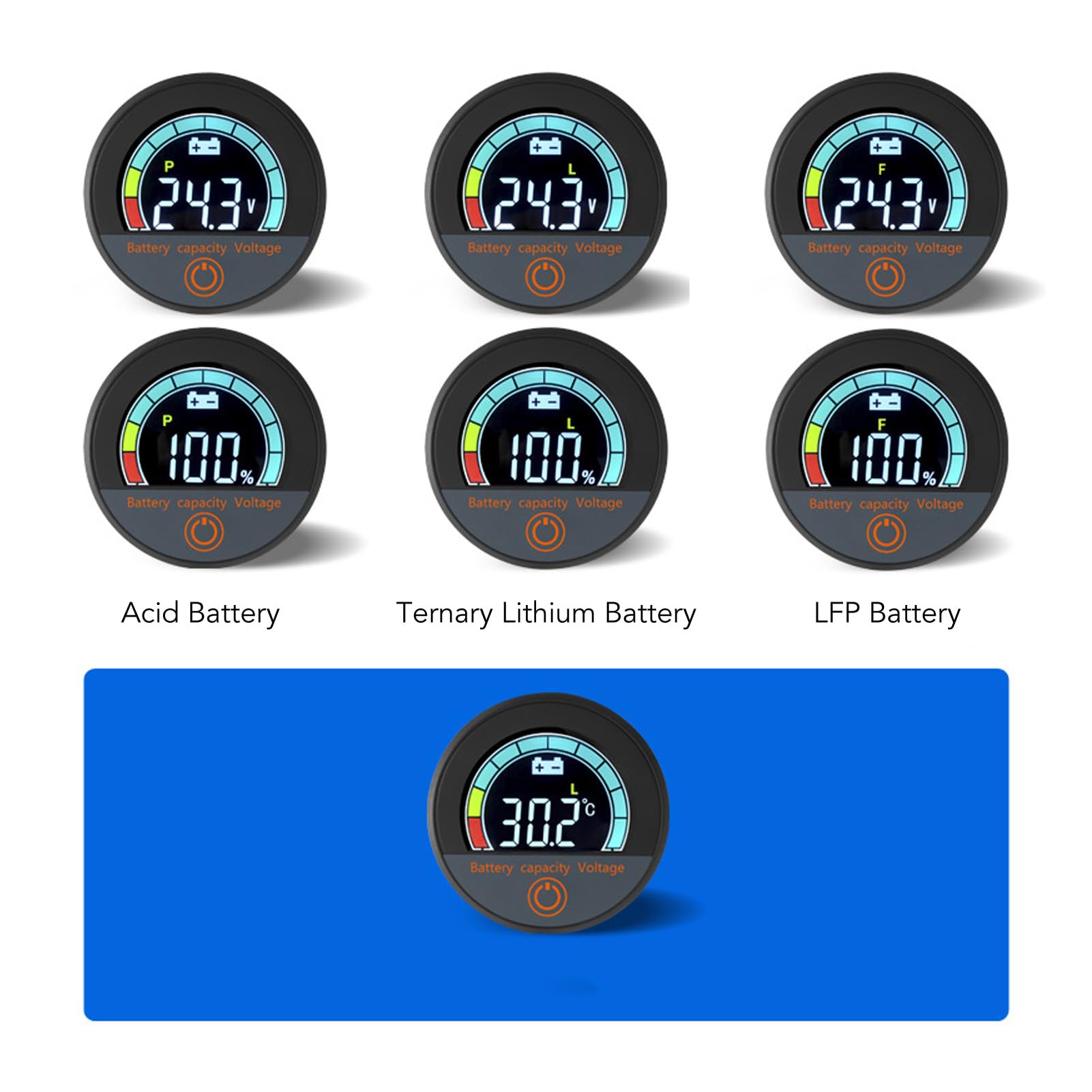 Voltmètre de Batterie avec Affichage LCD Couleur, Montage Guidon pour Moto et Véo Electrique, Plage DC 8-100V