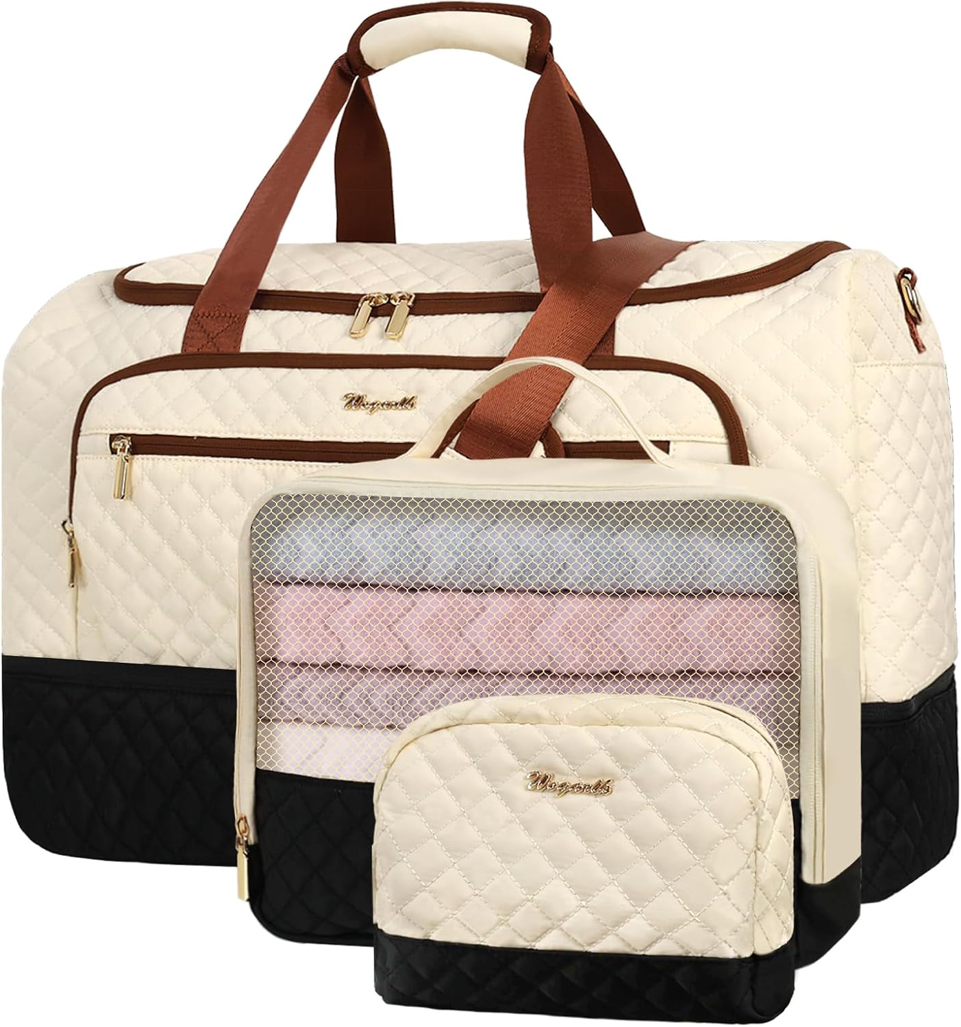Wogarl 3PCS Weekender Bags for Women Large Overnight Bag Weekend Travel Duffel Bag Carry on Shoulder with Shoe Compartment Canvas Toiletry Bag for Travel Business Gym,Black White