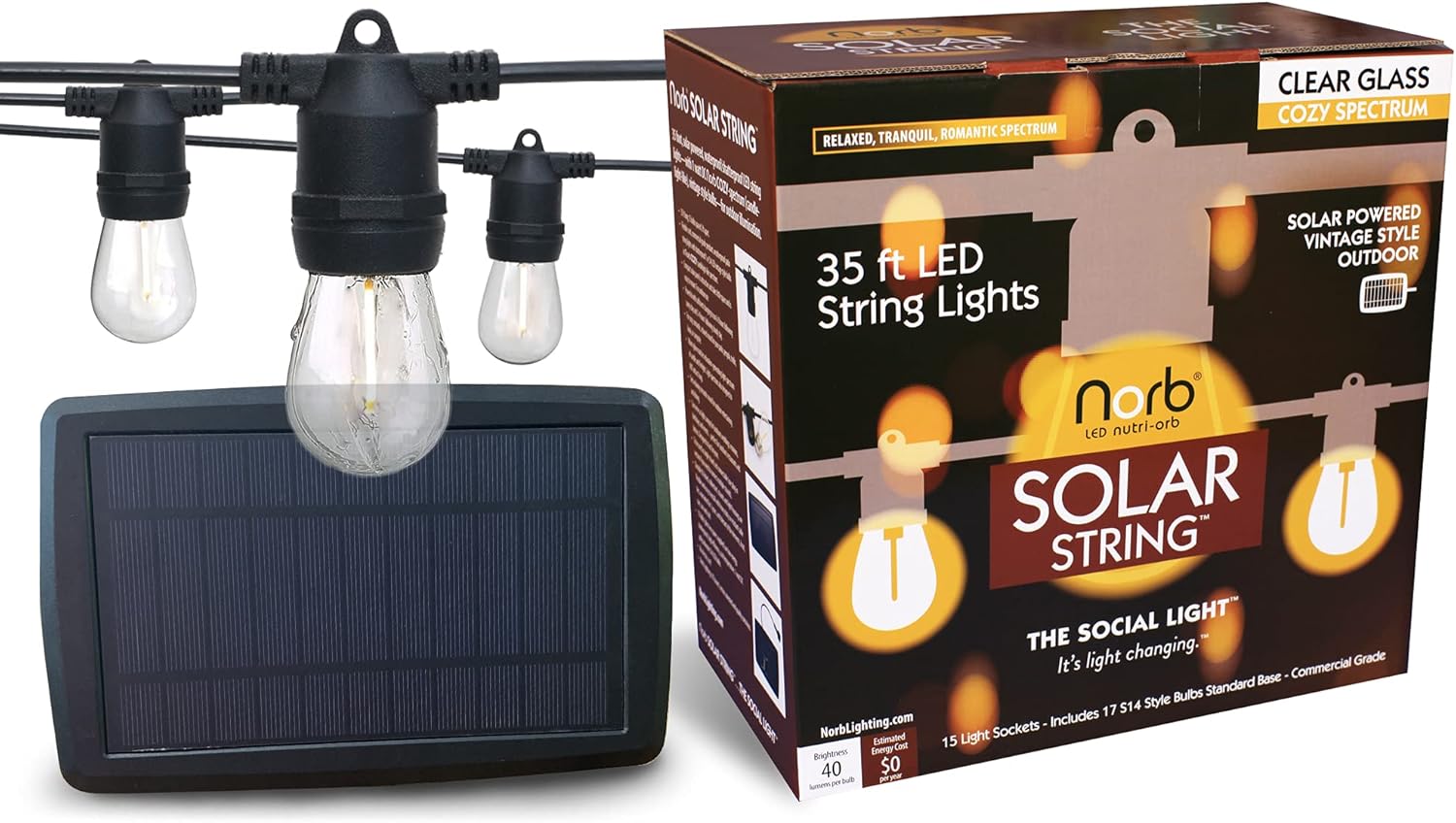 Norb Solar String Lights Outdoor 35FT – NorbSOLAR Weatherproof LED Patio Lights with Warm Candle-Like Glow, Shatterproof Vintage Bulbs, Solar Powered & Energy-Efficient, Outdoor & Event Use