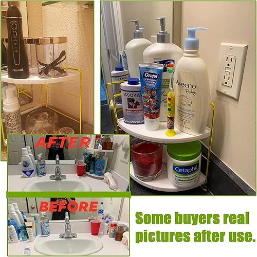 Vista 8 de Organizador de mostrador de perfume de maquillaje de 2 niveles, estante de encimera de esquina de baño, bandeja de almacenamiento para dormitorio