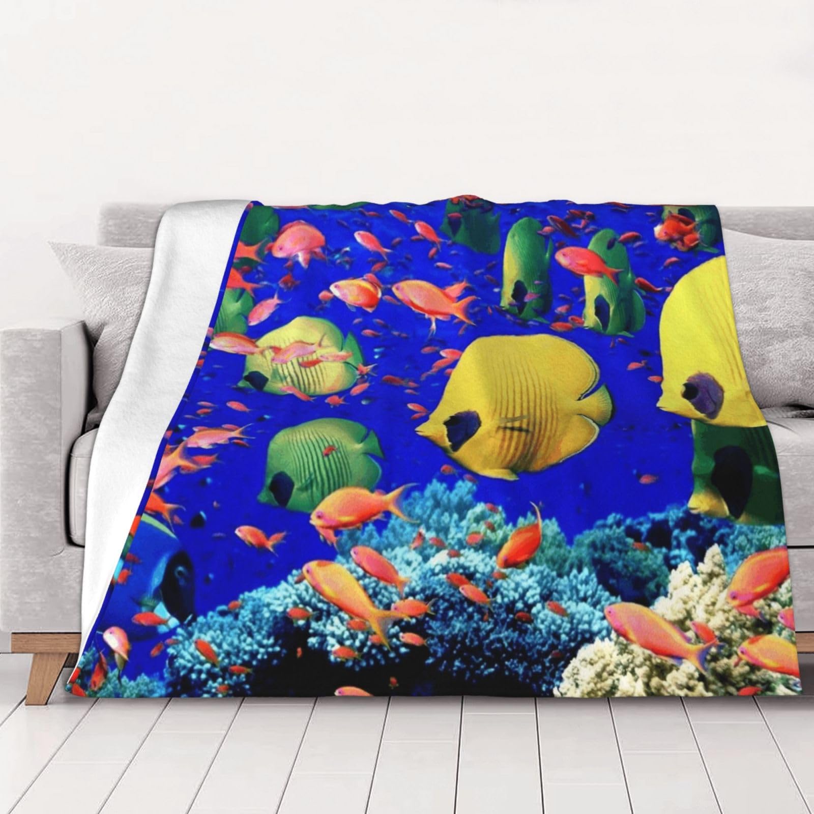 AUBKFELD Sea Fishes Printed Flannel Blanket 102x76 CM, Soft & Warm Throw Blanket for Sofa/Couch/Bed/Car, Gifts for Audlts Women Men