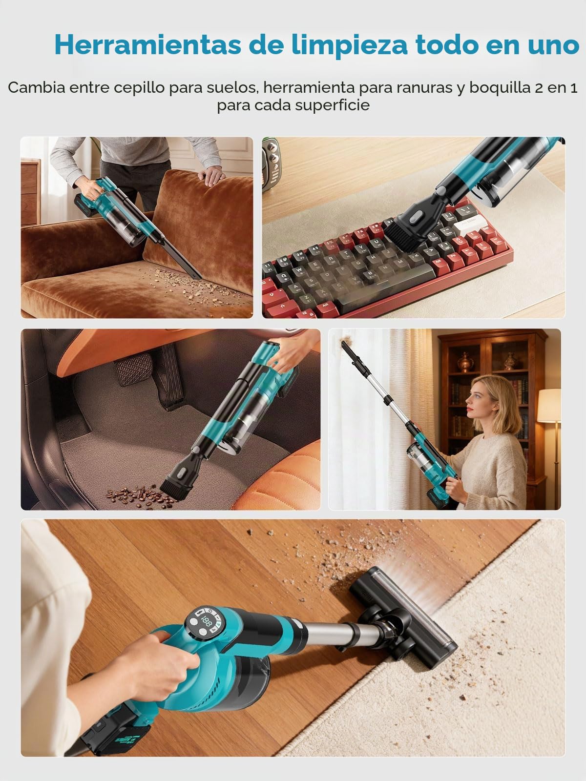 Aspiradora sin Cable 60Kpa/70Min, Cepillo Anti-Enredo Mejorado 2026, 8000mAh Aspiradora Escoba Potente con Luz Verde, Cepillo Antienredos y Pantalla LED, Alfombras/Suelos/Pelo de Mascotas