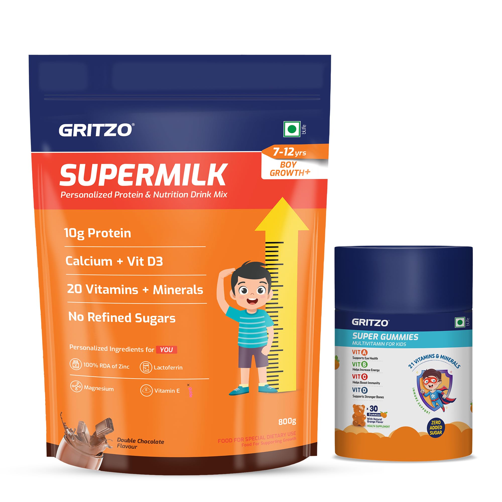 SuperMilk Growth+ (Formerly Height+) (7-12y Boys) (Double Chocolate, 800g) with Super Gummies (Natural Orange Flavour, 30 Gummies) | Pack of 2