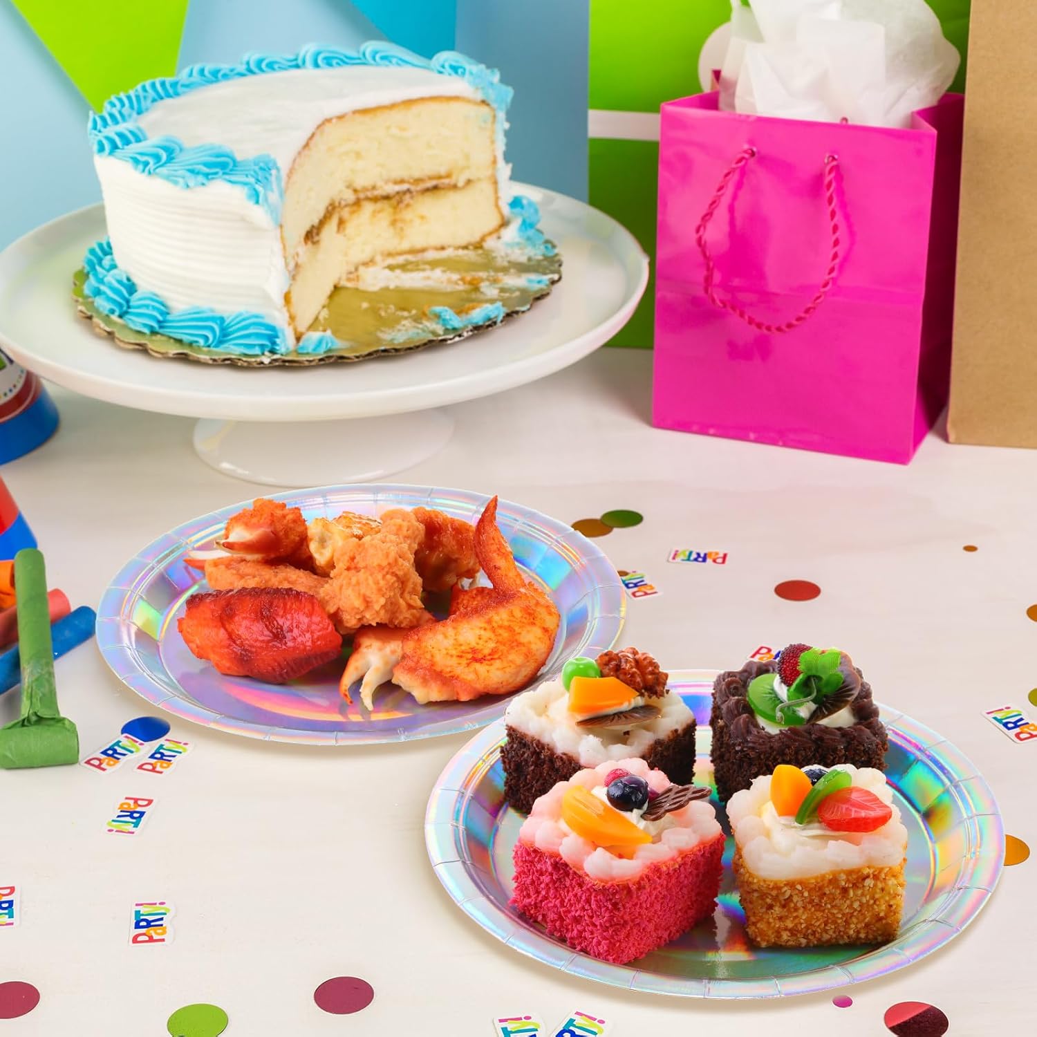 Bokon 100 Pcs Disposable Paper Plates Iridescent,7" and 9" Holographic Dessert Cake Plates Bulk Party Dinner Round Supplies for Birthday Wedding Celebration Picnic Party(Iridescent)