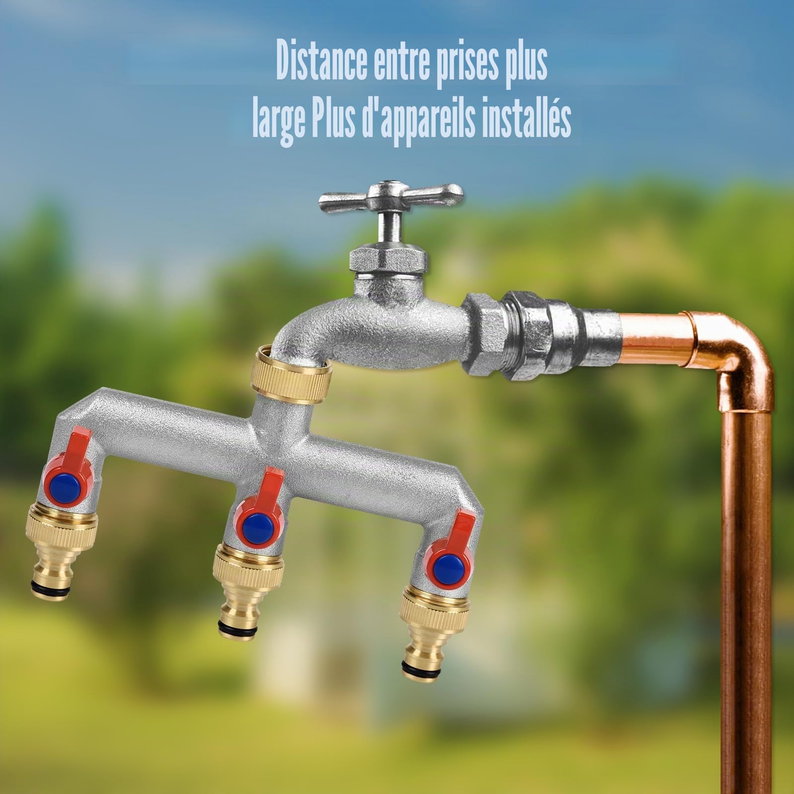Répartiteur de robinet 3 voies en laiton de 1,9 cm avec 3 valves individuelles marche/arrêt et trois connecteurs rapides pour système d'arrosage de robinet de cuisine de jardin