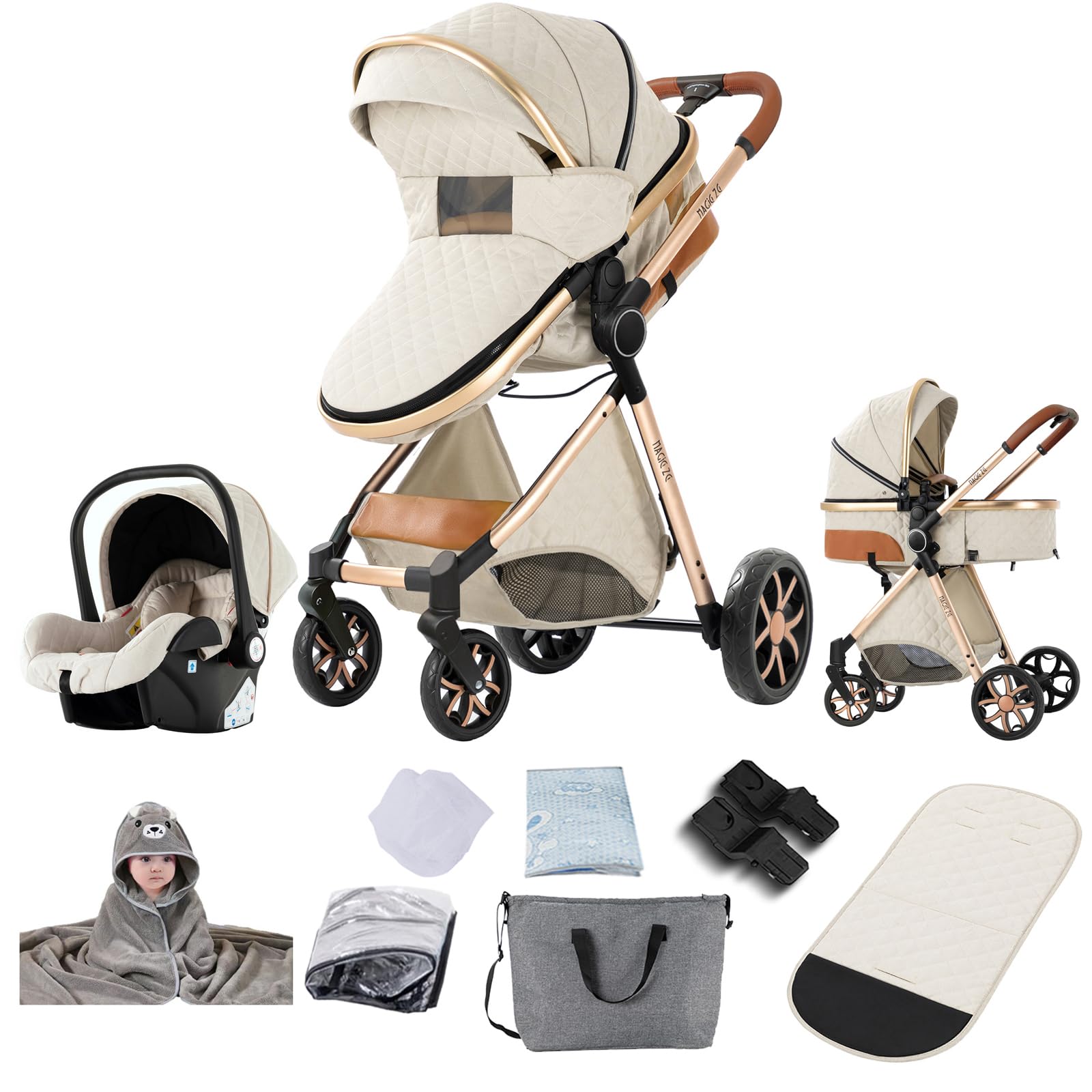 Carrito Bebe 3 en 1, Carro Bebe con Dos Modos de Empuje Reversibles, Cochecito Bebe 3 Piezas con Marco de Aluminio, Carricoche Bebe con Diseño Plegable con Un Solo Clic (V9 Creamy White)