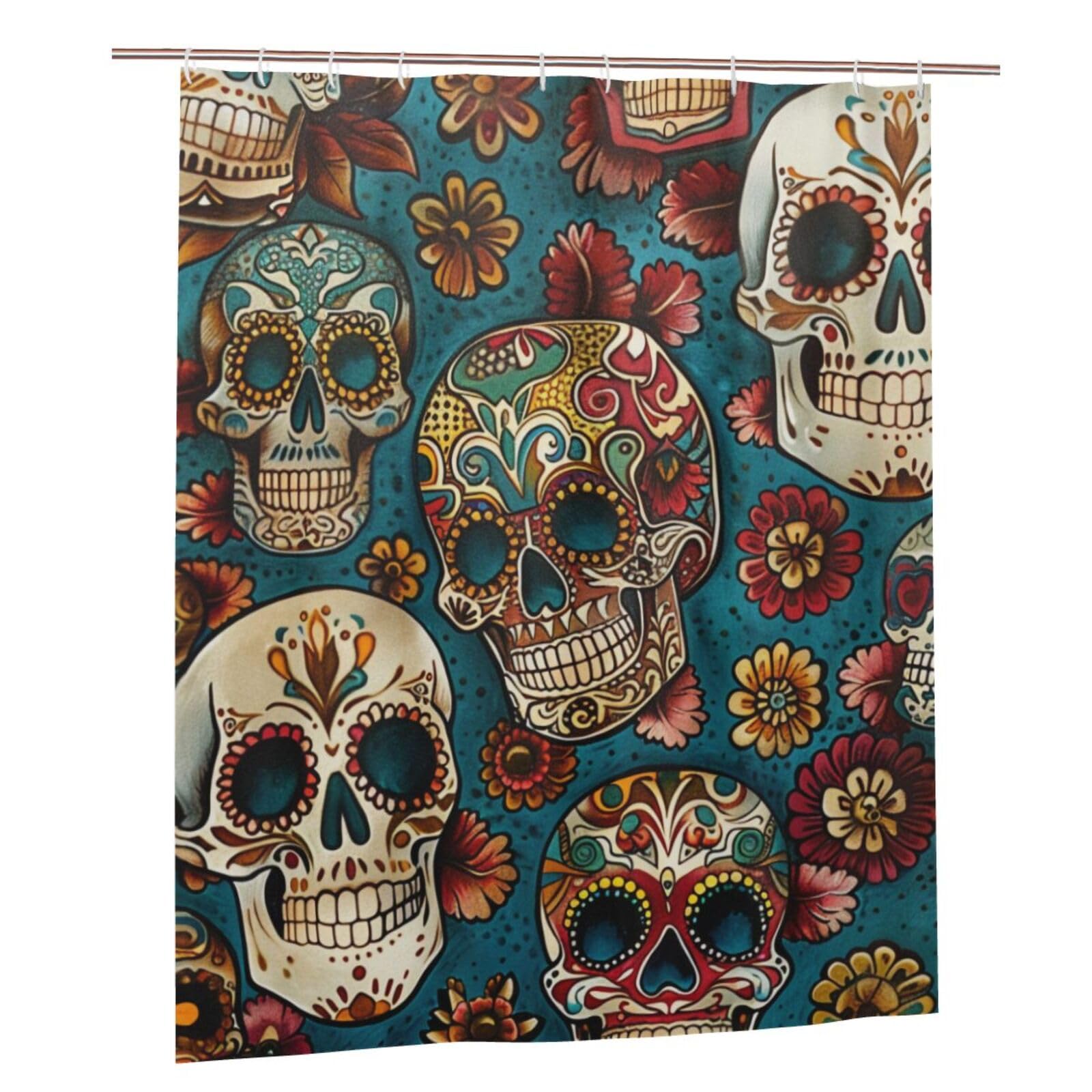 BWWHCCTI Sugar Skulls Print Printed Shower Curtain With 12 Plastic Hooks Opaque Quick Drying Waterproof Shower Curtains Sets For Bathroom 152x183 Cm