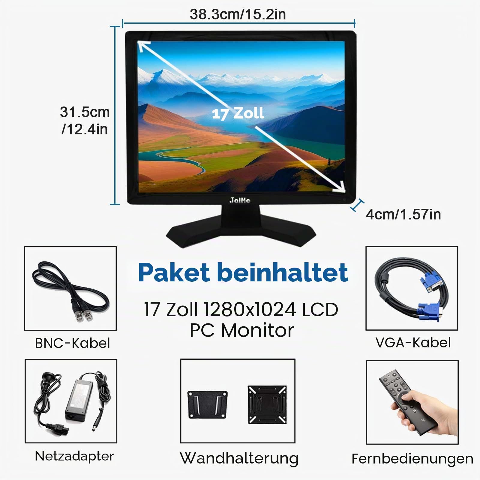 JaiHo 17 Zoll Monitor 4:3, CCTV Überwachungsmonitor Metallgehäuse, 1280x1024 LCD Bildschirm mit BNC HDMI VGA AV USB, Industrie PC Display für Kasse Server Rack, Inklusive Wandhalterung