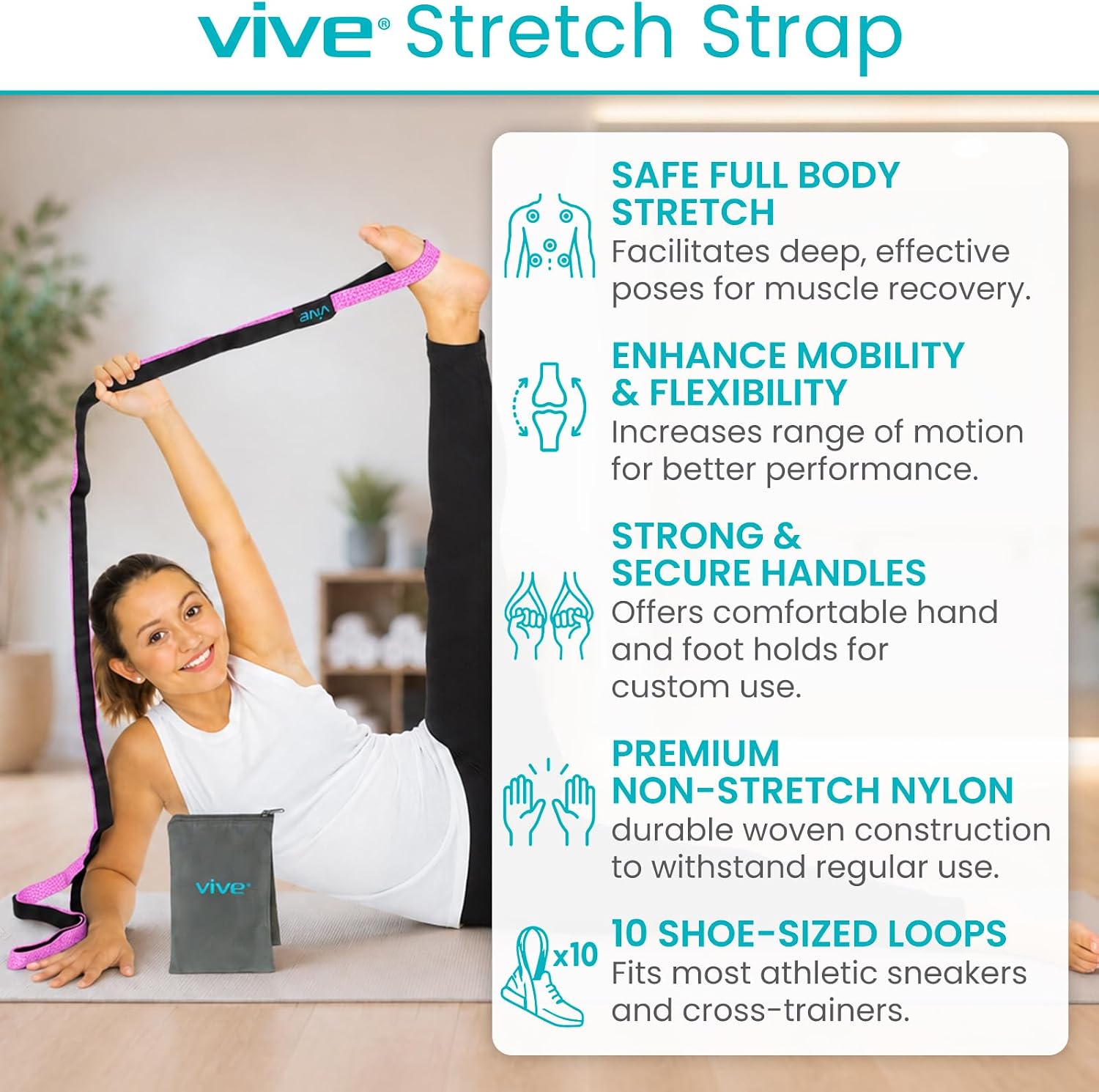 Vive Stretch Strap (75" - 10 Loops) - Leg Stretch Band to Improve Flexibility - Stretching Out Yoga Strap - Exercise and Physical Therapy Belt for Rehab, Pilates and Gymnastics with Guide Book image 2