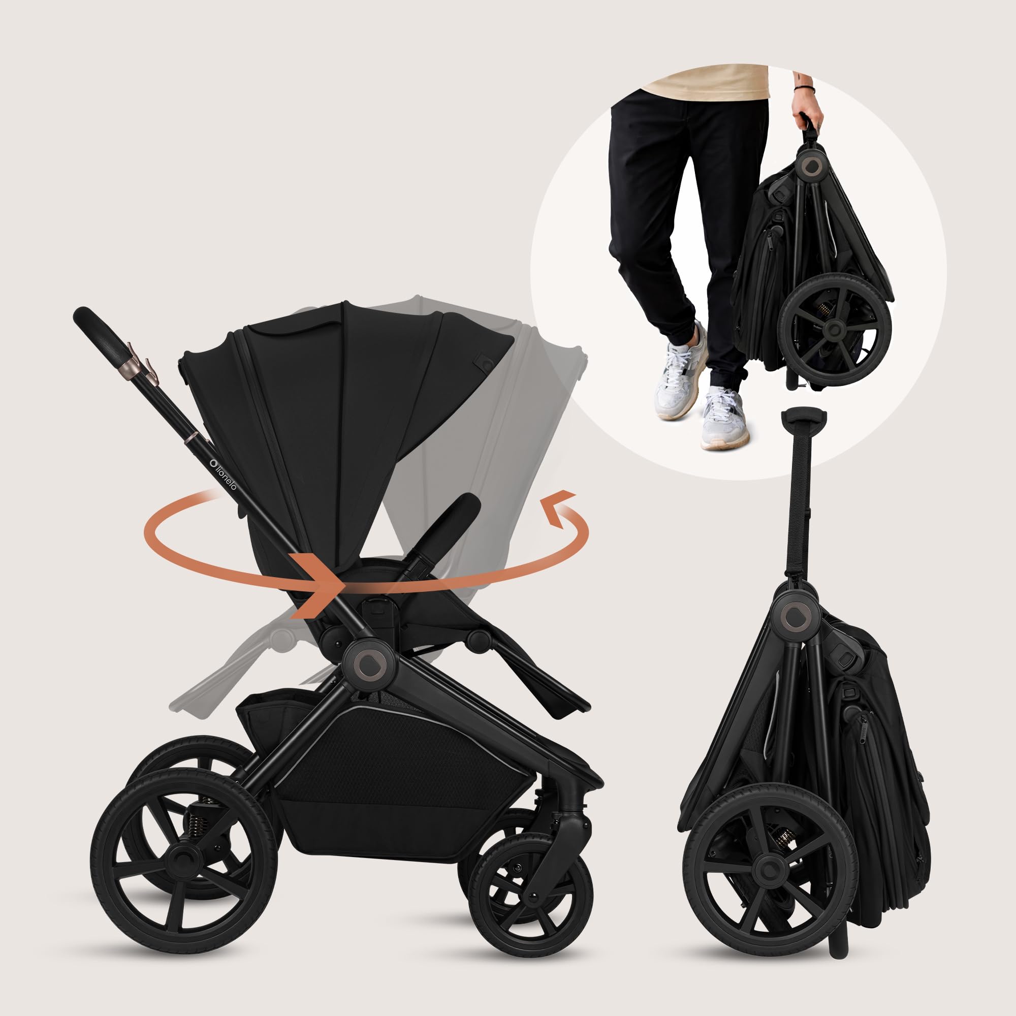 Lionelo Freya Carro Bebe 3 Piezas Carrito de Bebe 3 en 1 (0-4 Años, Hasta 22 Kg), Plegable Capazo, Silla y Silla de Coche I-Size 40-87 Cm, Suspensión, Ruedas PU, Capota UPF50+, Cochecito Bebe