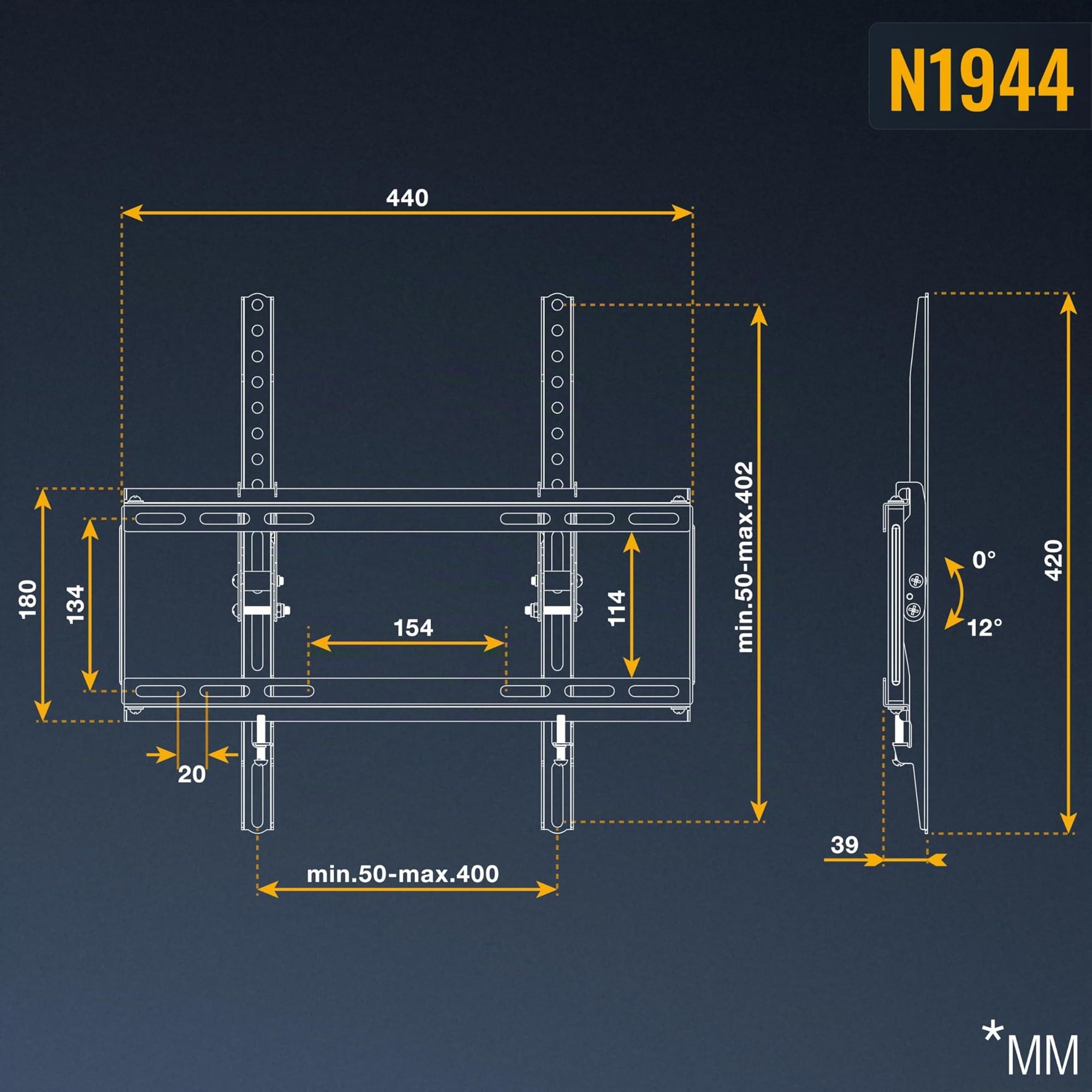 RICOO N1944 Supporto TV da parete Staffa TV 40-85 pollici per 40 42 43 49 50 55 58 65 75 77 85 pollici inclinabile fino a 75 kg max VESA 400x400