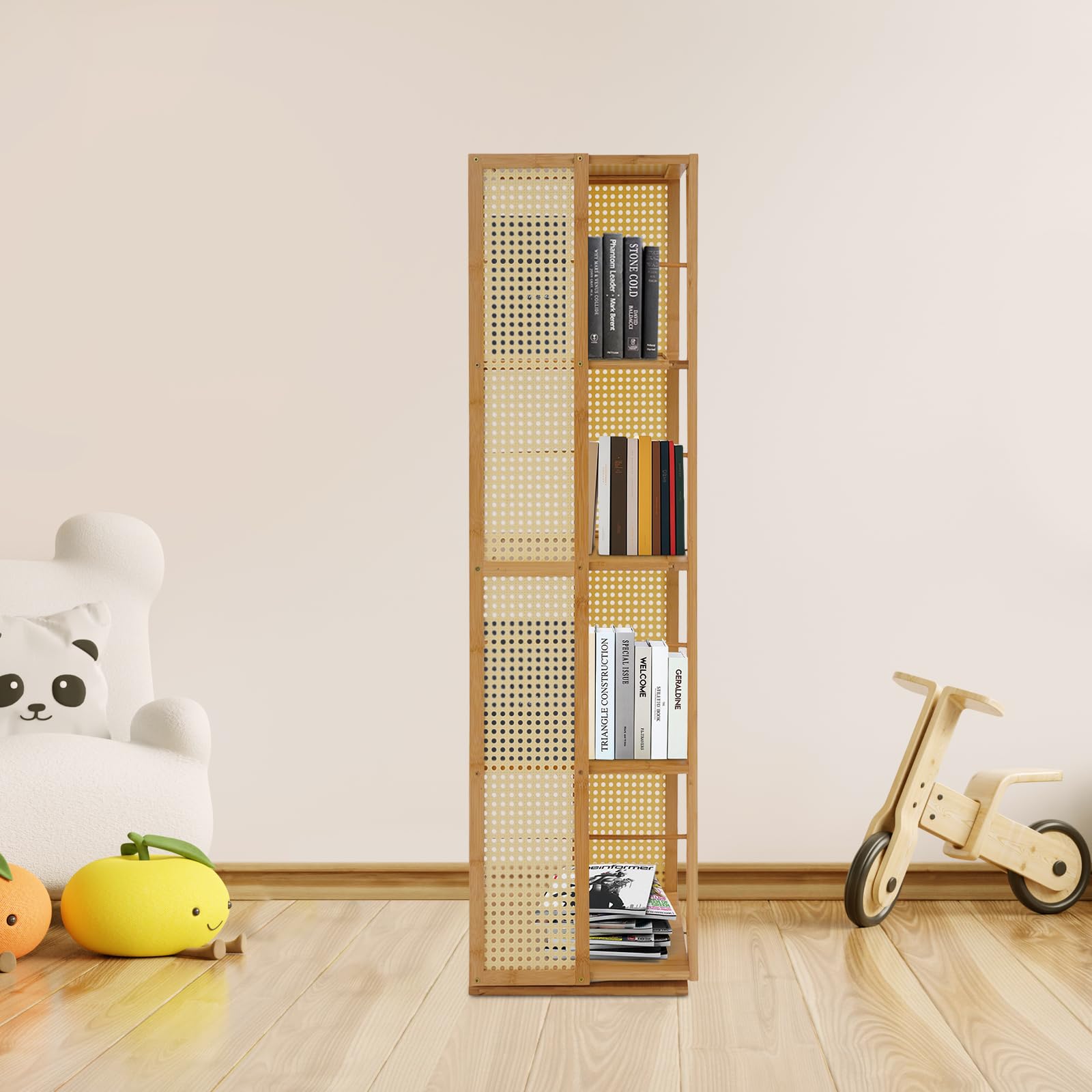 Drehbarer Bücherregal, Bücherturm mit 4 Ebenen, 360° drehbares Standregal aus Bambus, schmales Bücher-Aufbewahrungsmöbel für Wohnzimmer, Büro (Holzfarbe)