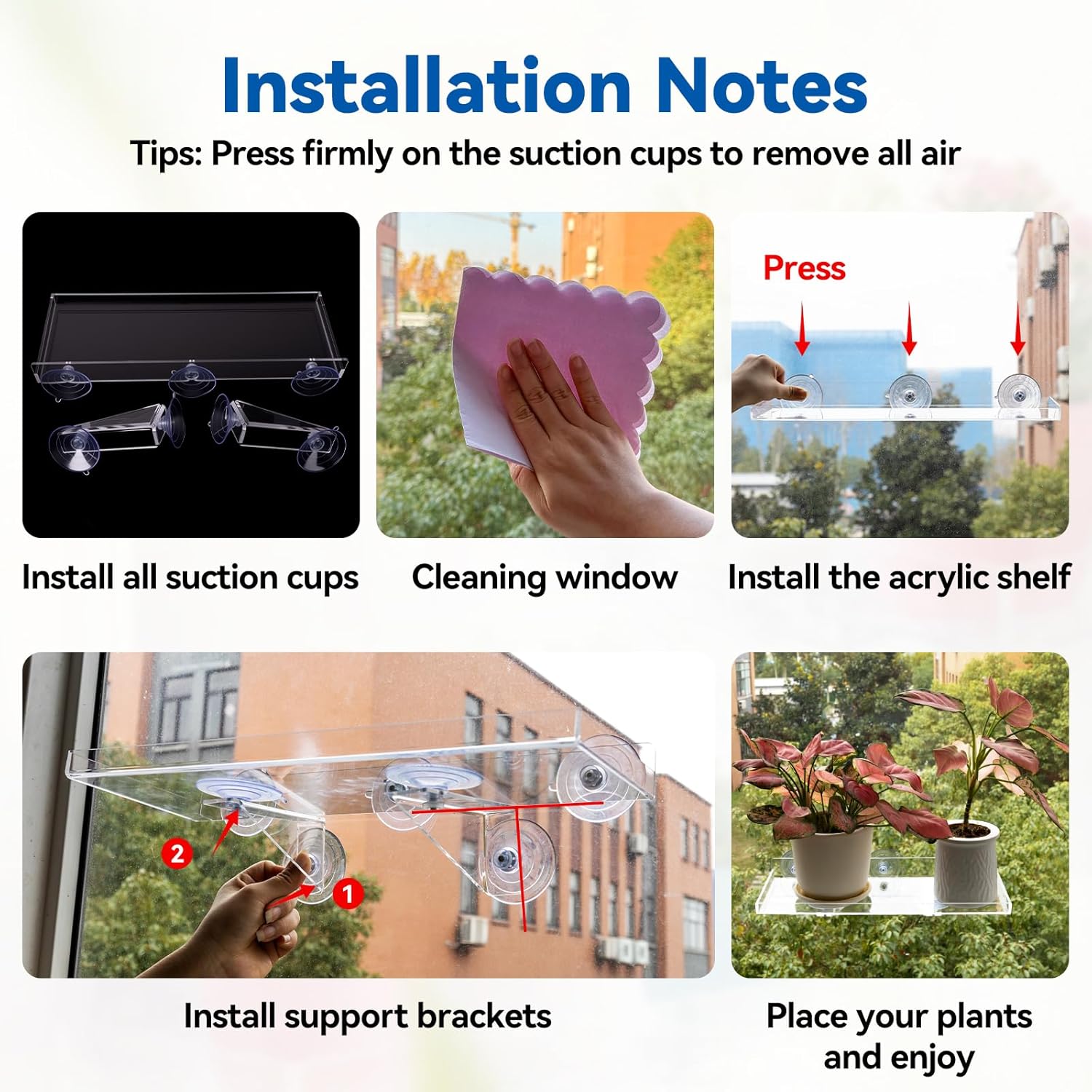2PCS Window Plant Shelves, 15.7 X 5.9inch Clear Acrylic Floating Shelf Strong Suction Cup Plant Holder with Bracket, Window Shelf for Plants Indoor