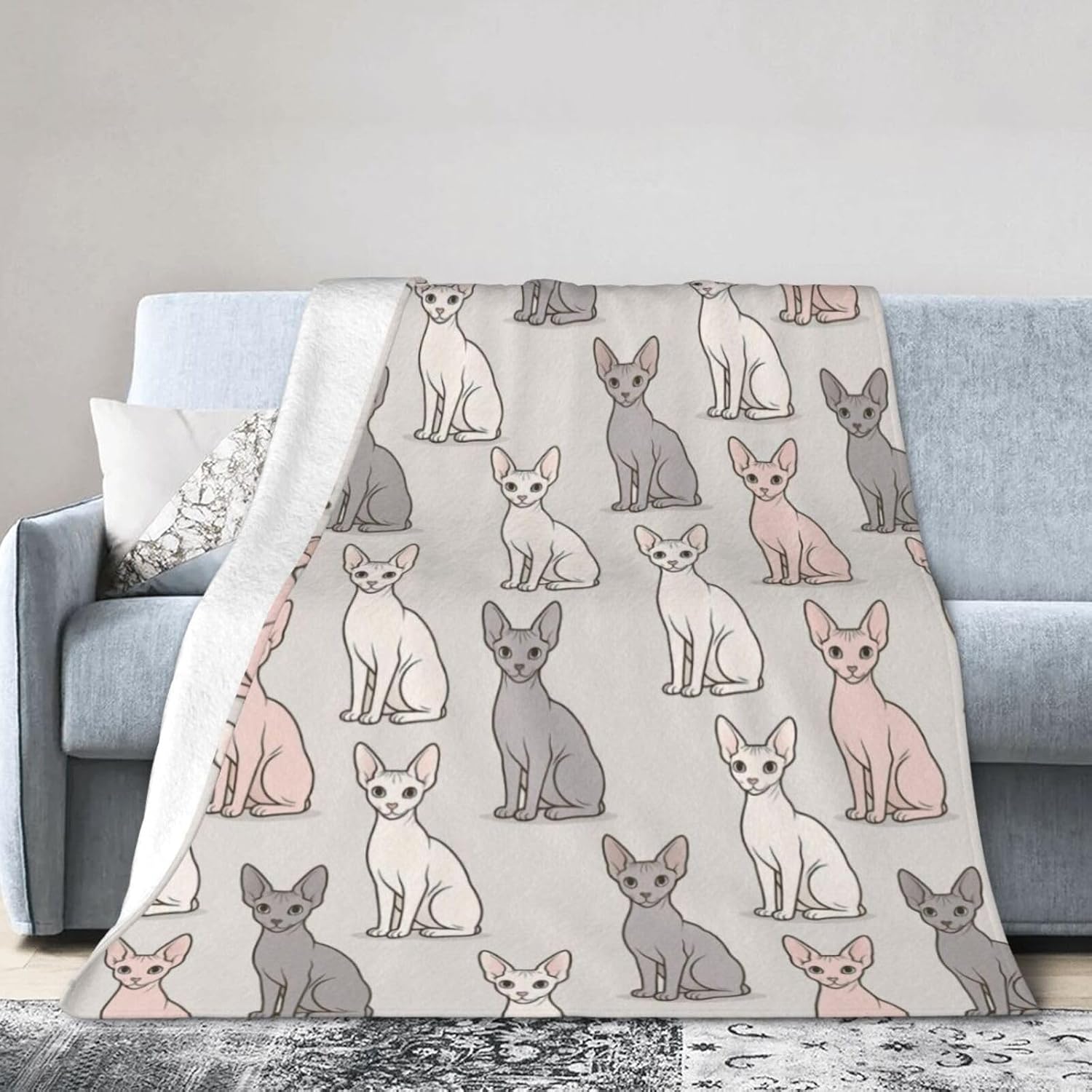 Cute Sphynx Cat Blanket 50"x60", Hairless Cat Throw Blankets, Gifts for Women Girls Kids, Soft Lightweight Fleece for Sofa Room Couch Bed Travel Modern Decor