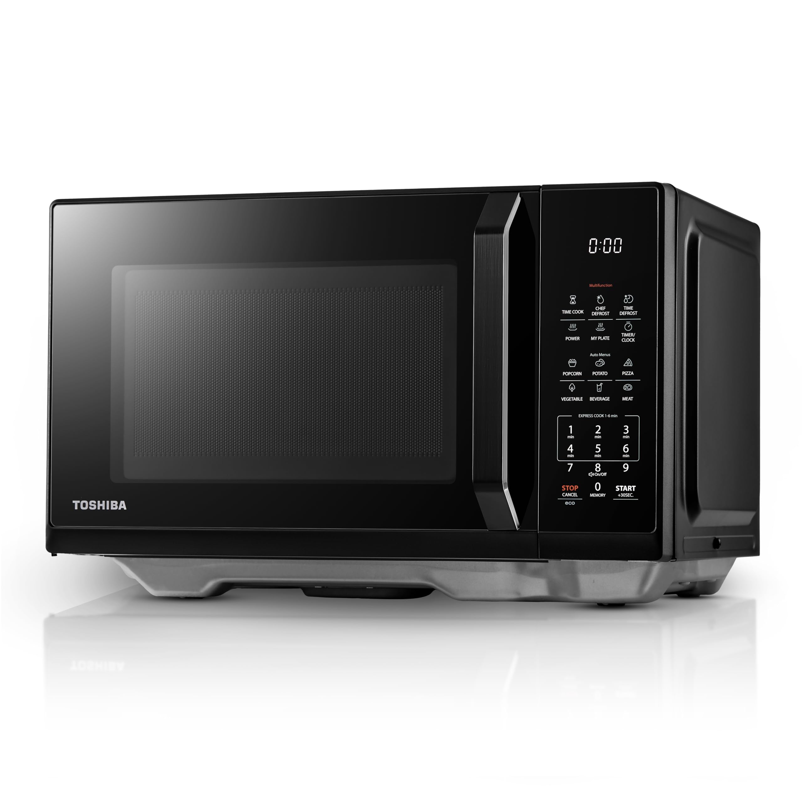 Toshiba 800W Flatbed Microwave Solo Digital 23L Black Microwave Oven with 11 Power Levels, 7 Auto Menus, Chef Defrost, +30S Express Cook, Easy Clean Without Turntable, Clock and Timer, MW3-EM23PFF(BK)