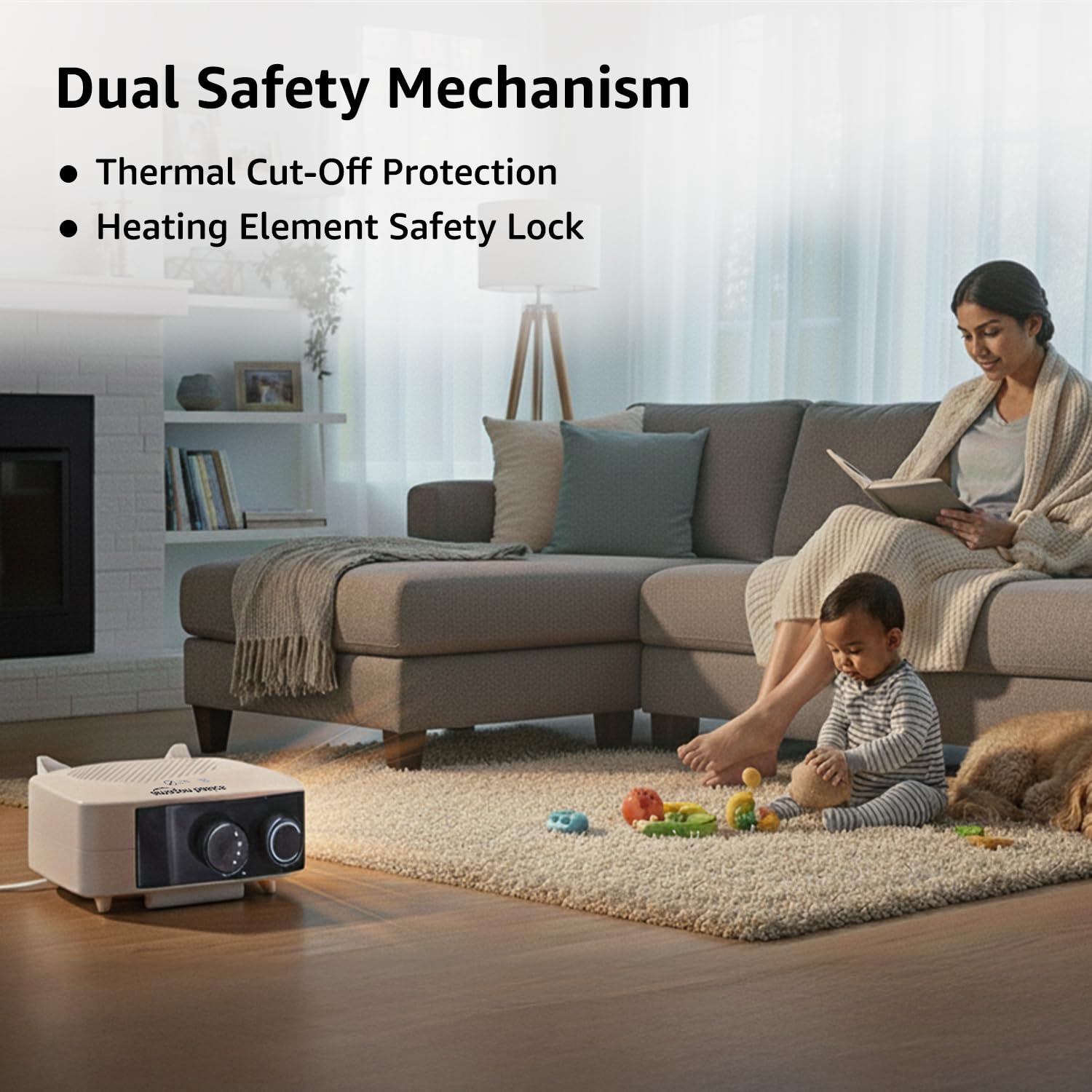 AmazonBasics Compact Portable Room Heater | 2000W | Corded Electric | Convection Heating with 2 Heat Settings | Indoor Use | Small | White PP Plastic 3