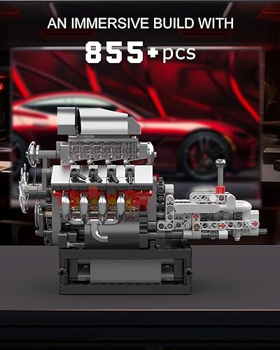 Miniatura 4 de Mould King Kit de modelo de motor V8 10225 que funciona construye tu propio motor STEM V8 con transmisión, kit de motor de coche de 8 cilindros para