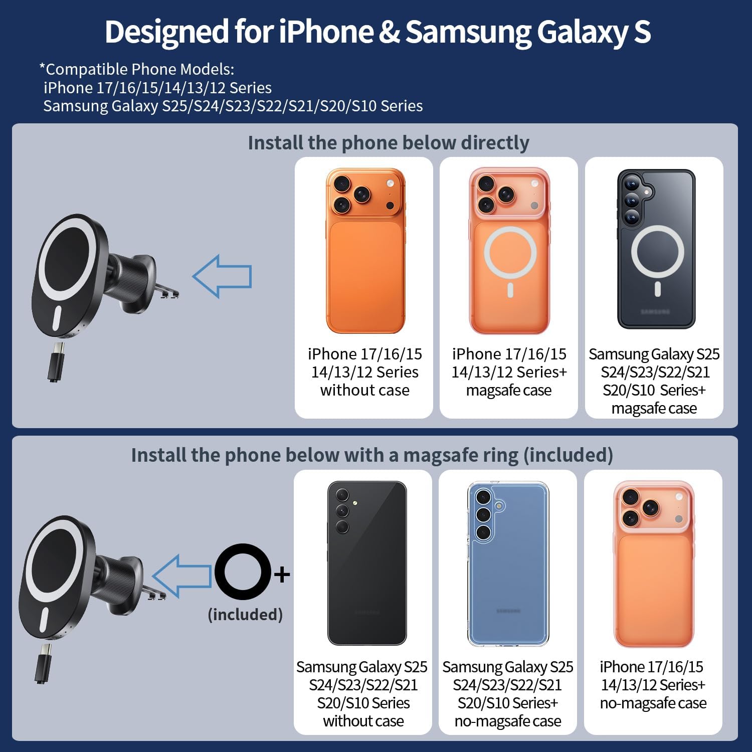 AOUXSEEM for Magsafe Car Charger Mount,15W Fast Charging,20xN55 Magnets,Car Phone Holder Wireless Car Charger Magnetic Phone Holder for iPhone 17/16/15/14/13/12/Pro/Plus/Max Samsung Galaxy S Series