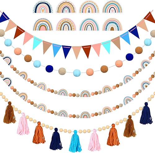 Sumind 5 guirnaldas de borlas de arco iris, guirnalda bohemia con pompones, guirnalda de bola de fieltro de arco iris, guirnalda colorida para aula,